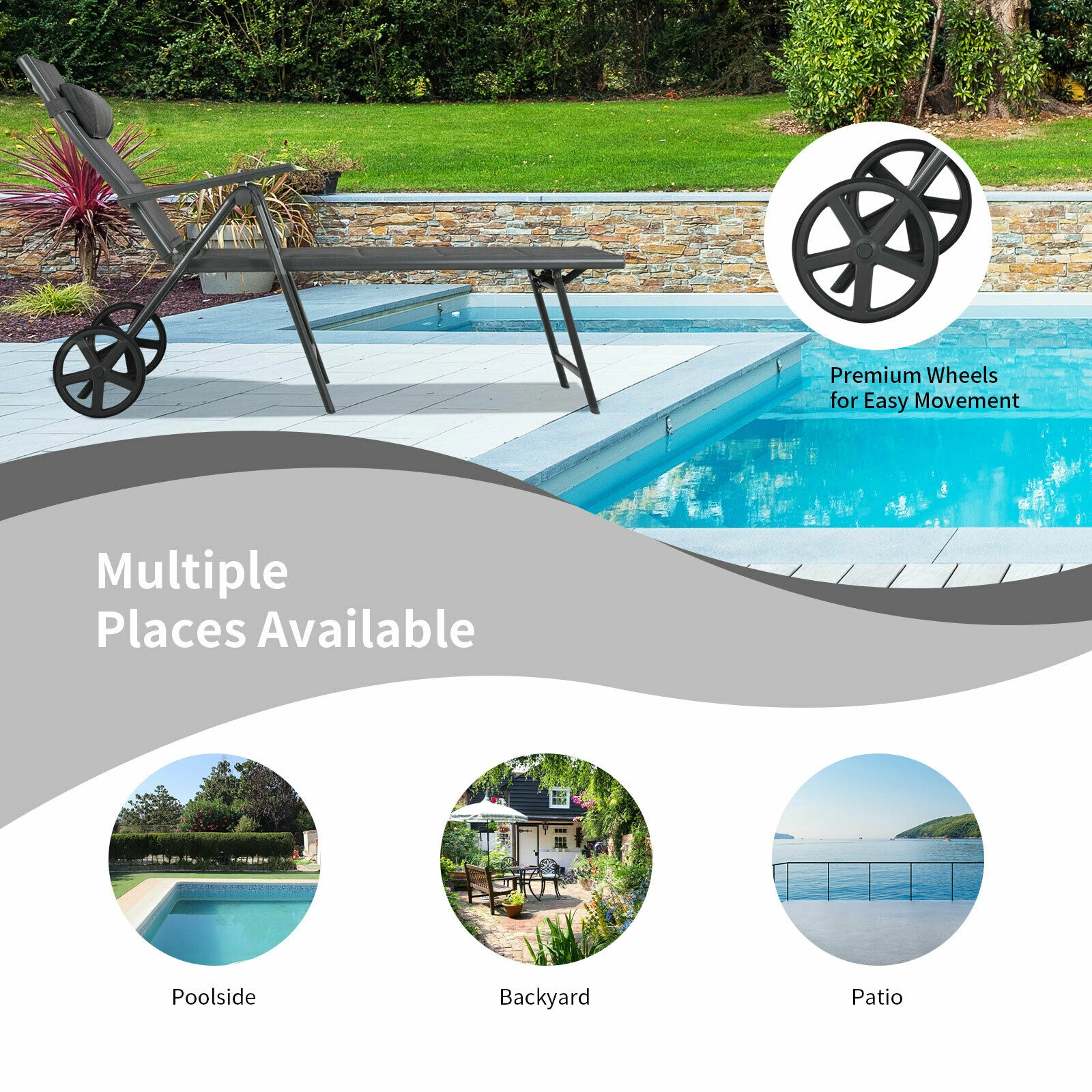 SUGIFT Adjustable Aluminum Patio Reclining Chaise Lounge Chair with Wheels 330-lb Capacity Gray