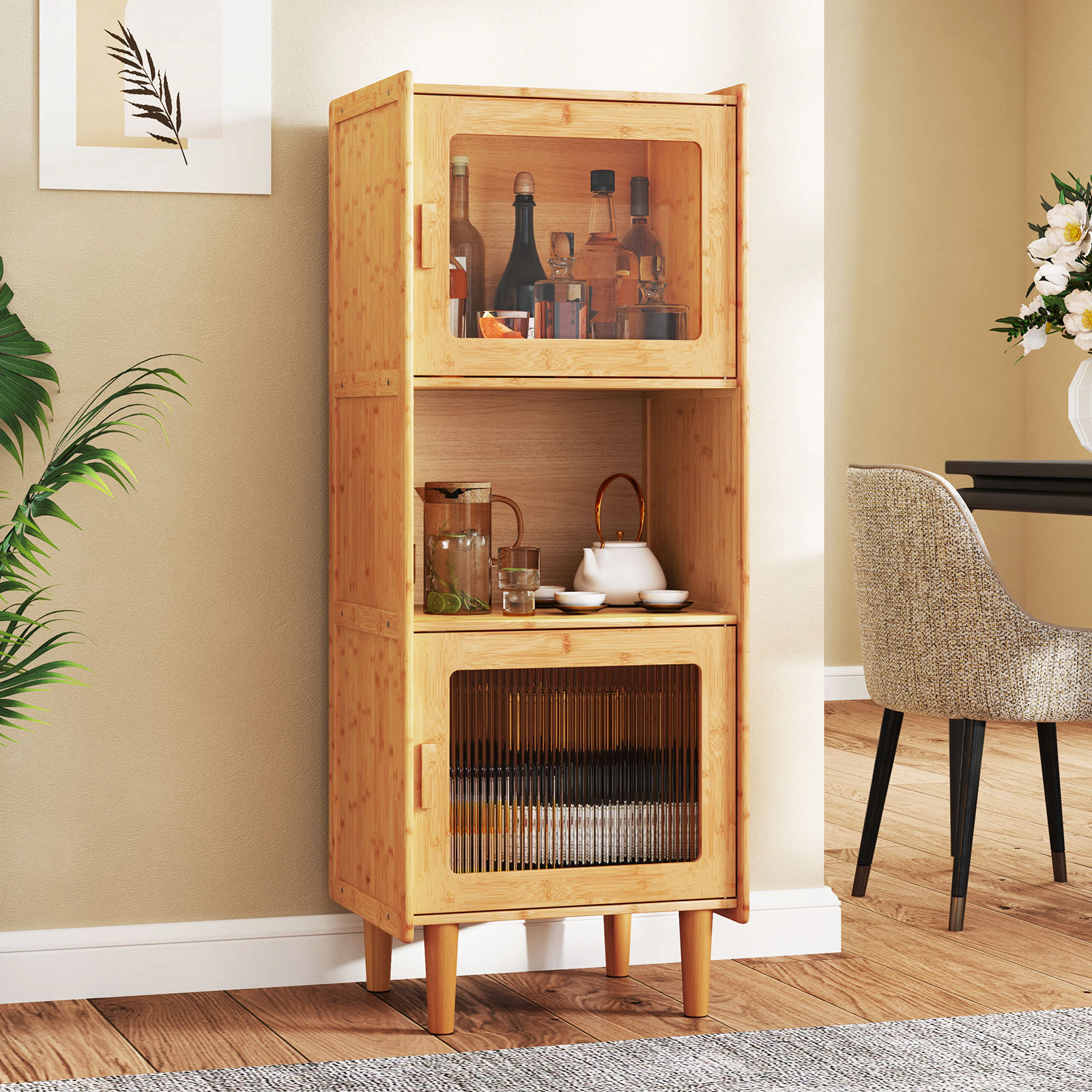 Slickblue Freestanding Wicker Storage Cabinet with Open Shelf and 2 Door Compartments Natural Finish