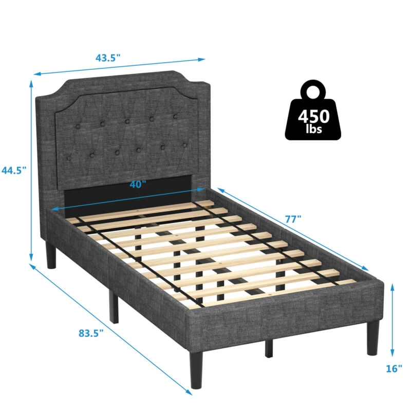 SUGIFT Gray Tufted Headboard and Wood Slats Twin Size Linen Upholstered Platform Bed