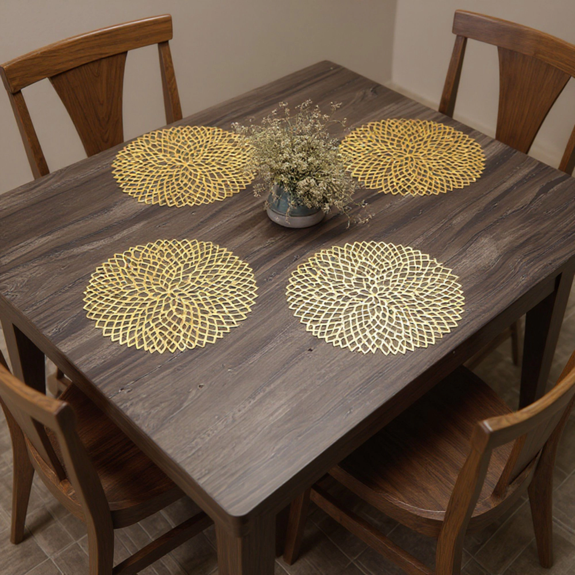 Alilang Unisex 4 Set Round Geometric Cutout Placemats with Modern Floral Design 15in