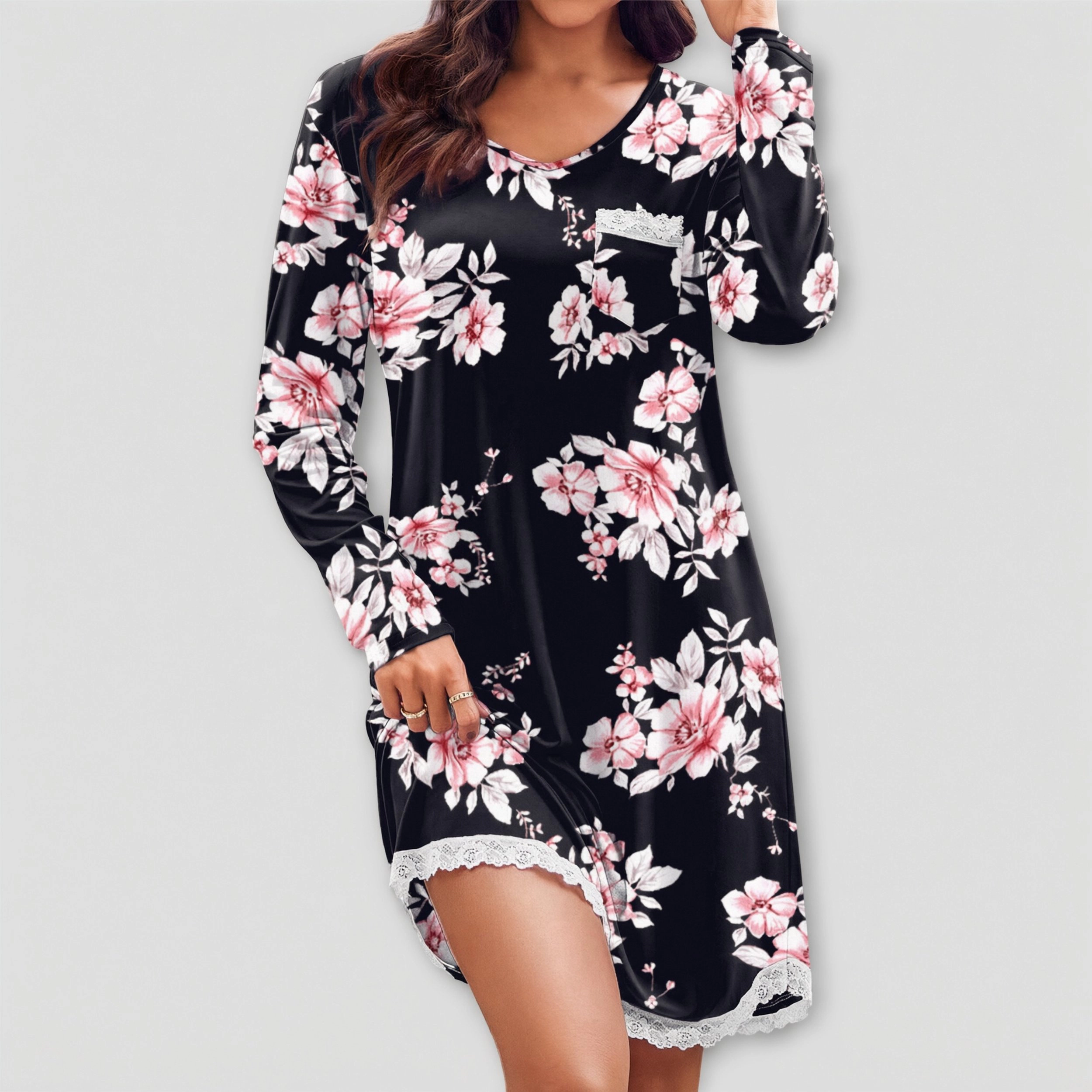 Ekouaer Women's Sleepshirt V Neck Nightgown Long Sleeve Nightshirt Oversized Sleepwear with Porket