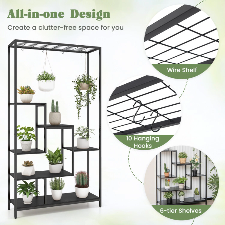 Hivvago 6-Tier Tall Plant Stand 71 Inch Metal Indoor Plant Shelf with 10 Hanging Hooks