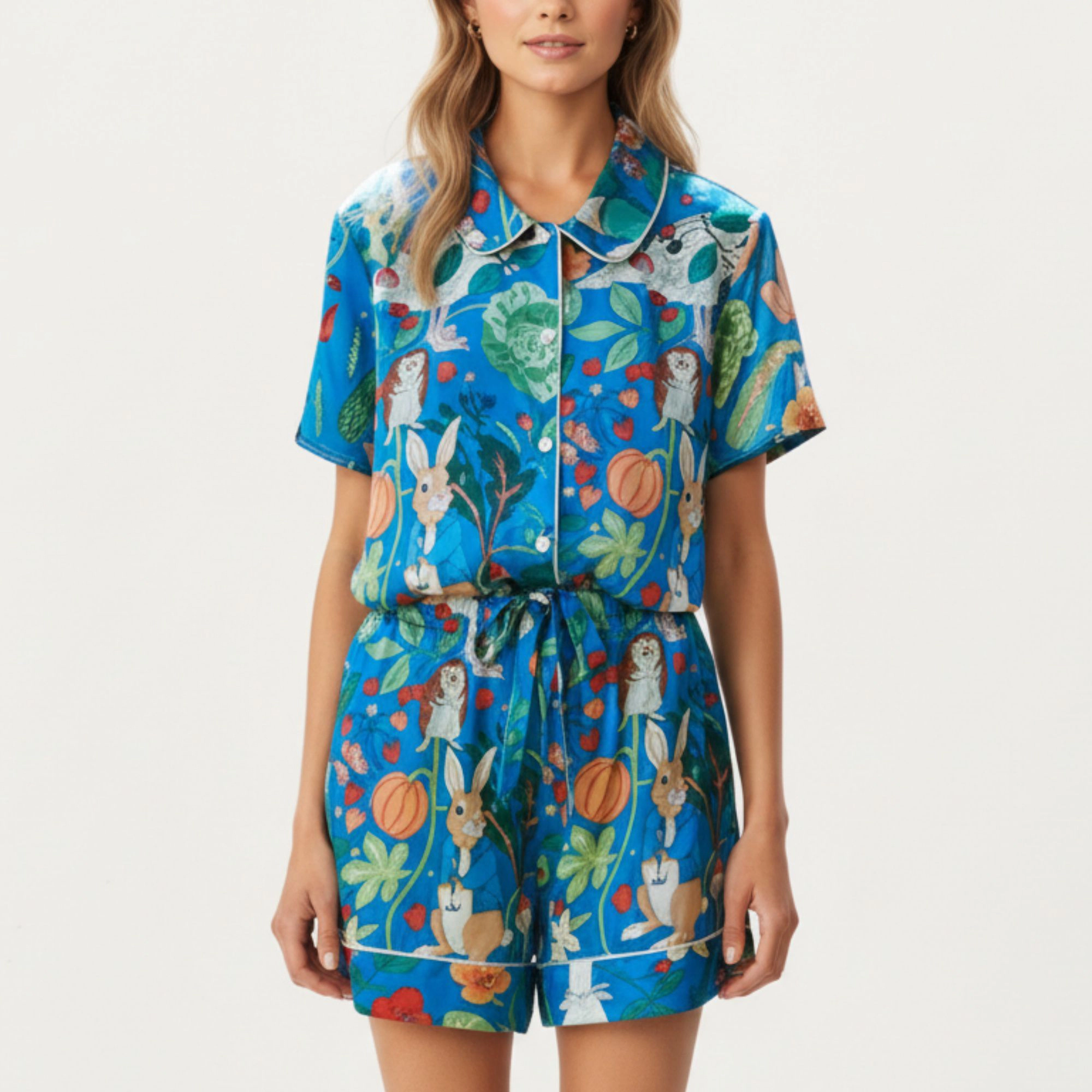Anna-Kaci Women's Whimsical Garden Animal Print Pajama Set with Short Sleeve Button Up Top and Matching Shorts