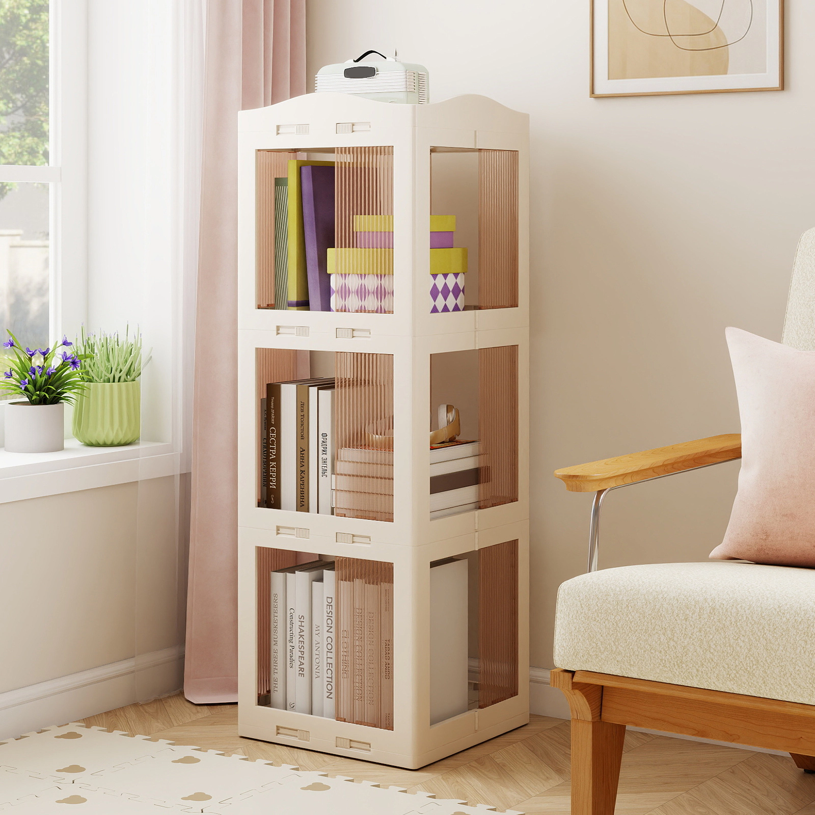 SUGIFT White 3-Tier Foldable Rotating Bookshelf with Swivel Base and Translucent Panels