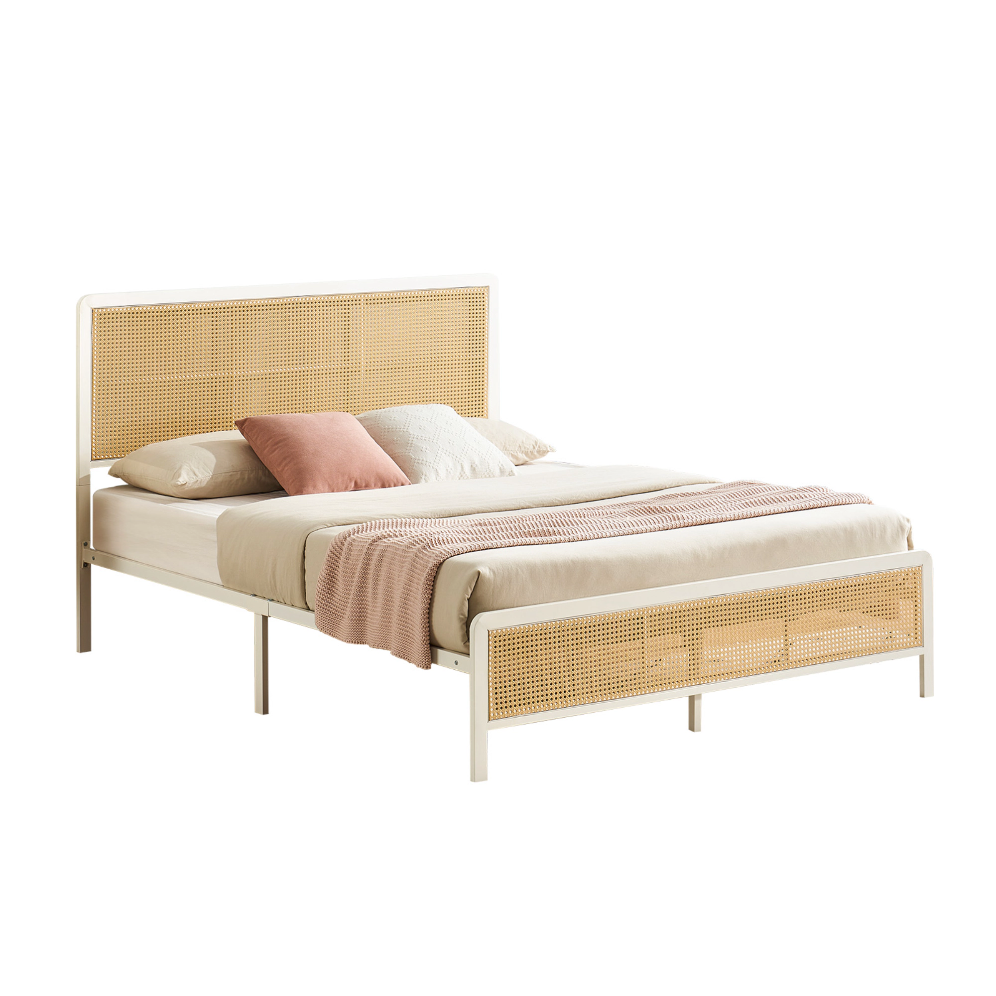 BebreezChic Modern Boho Rattan Metal Platform Bed Frame with Smart RGB LED Headboard Footboard