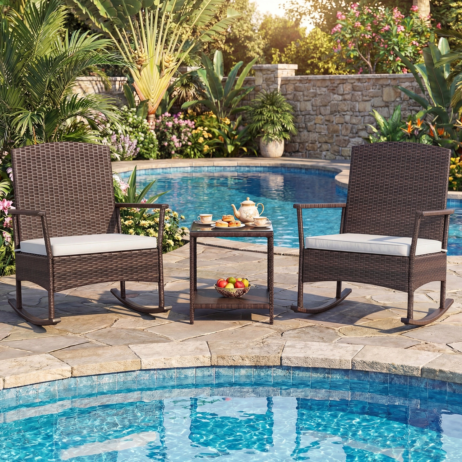 SUGIFT Patio Rocking Conversation Set Wicker Rocking Chairs & 2-Tier Coffee Table 400-lb Chair Capacity Off White Mix