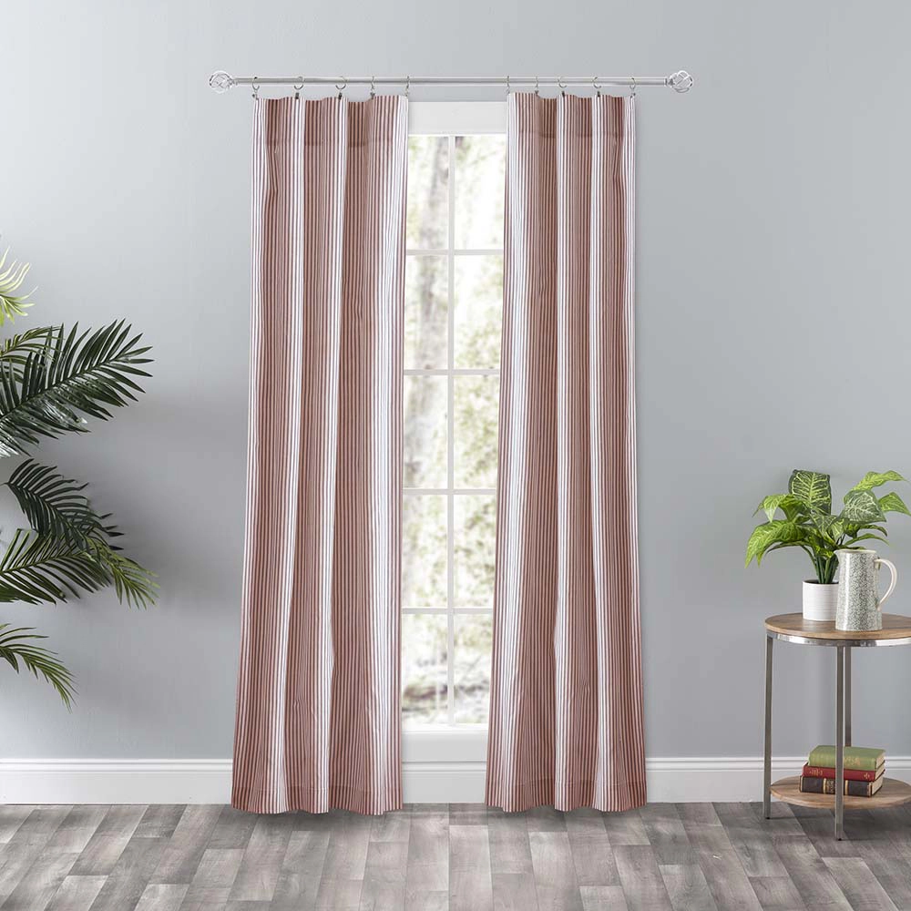 Ellis Curtain Plaza Classic Ticking Stripe Printed on Natural Ground Tailored Panel Pair with Tiebacks 56" x 84" Brick