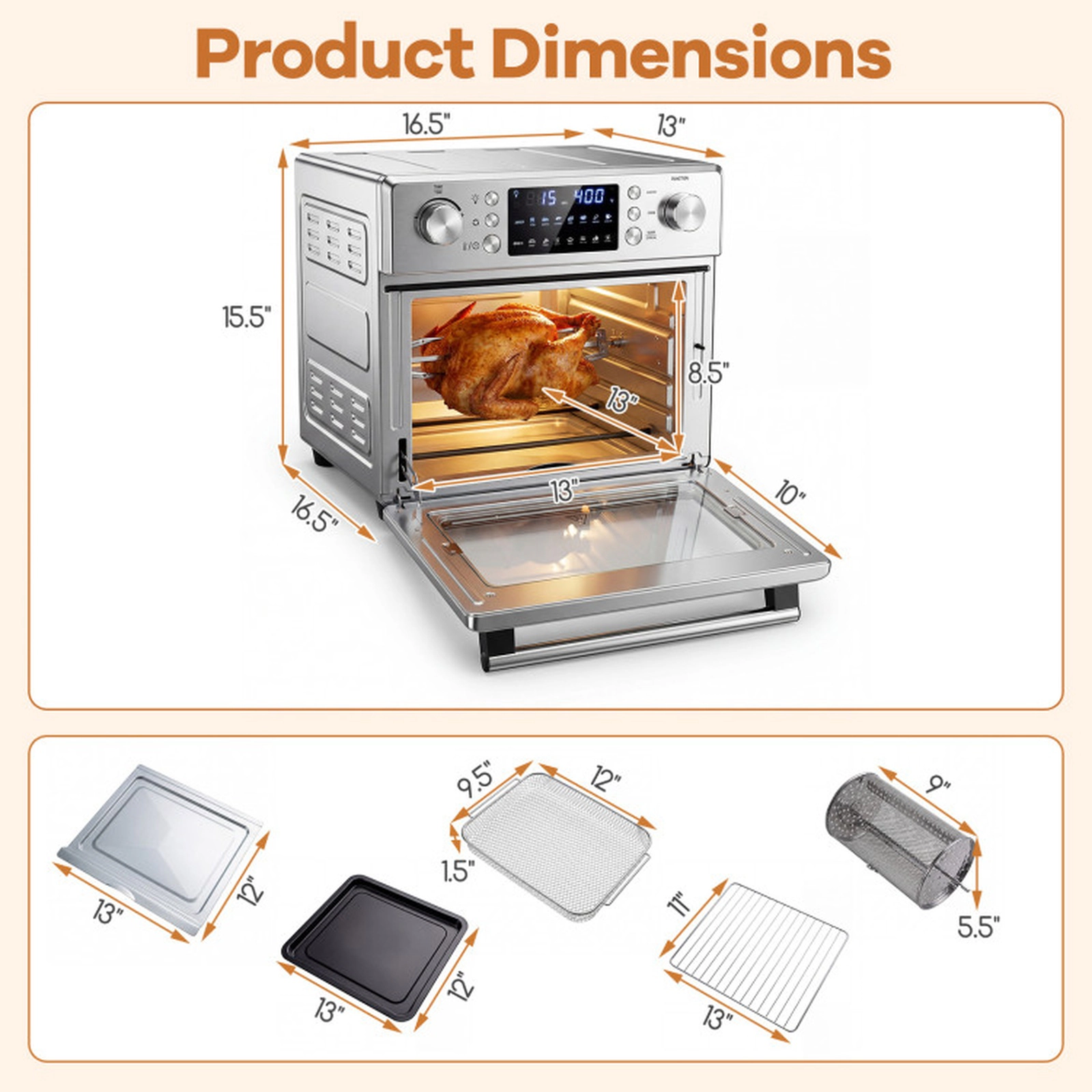 SUGIFT 26-qt 1700W Stainless Steel Countertop Convection Air Fryer Oven with 14 Modes and Rotisserie