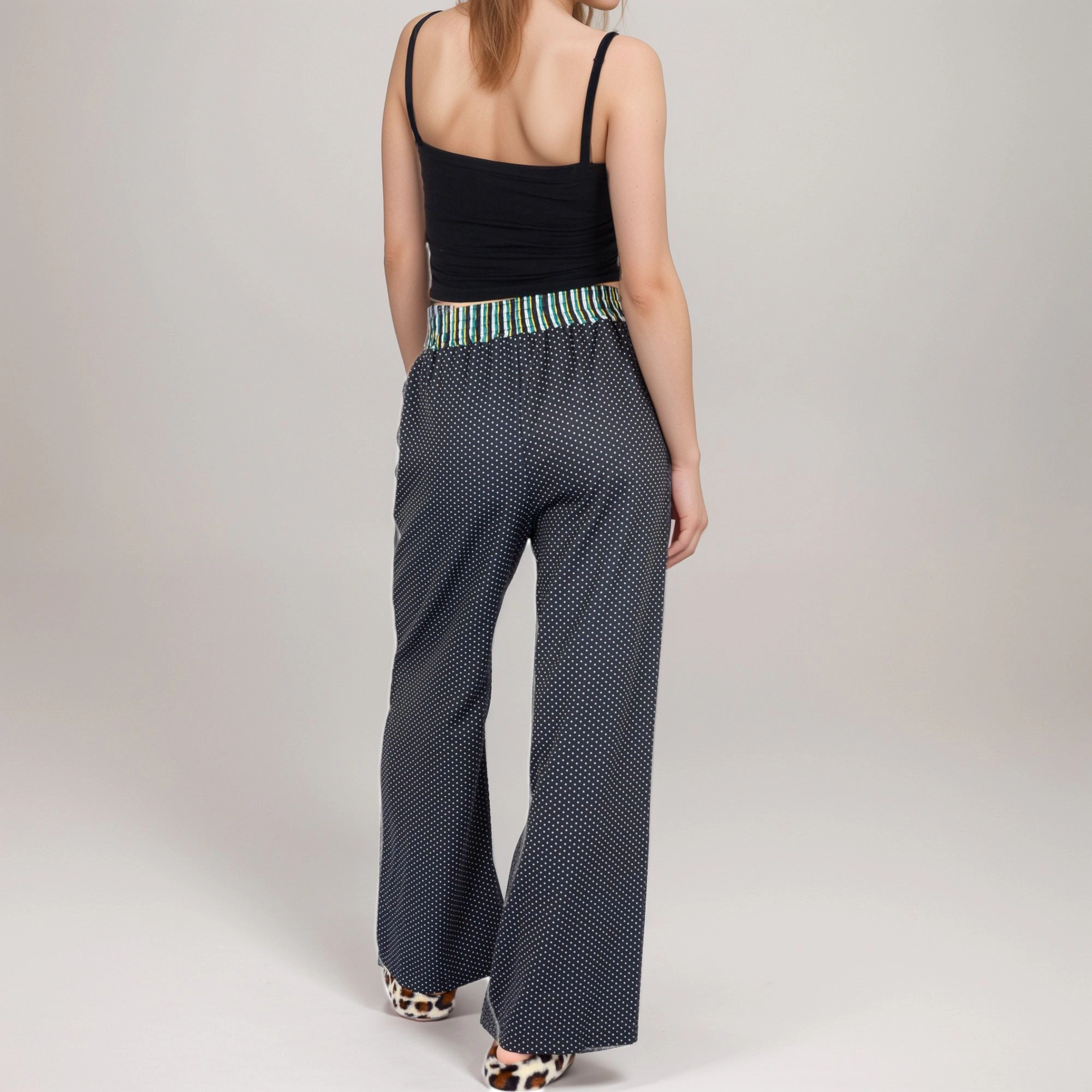 Anna-Kaci Women's Red Vertical Stripe Wide Leg Pants with Smocked Waistband Contrast Plaid Detail and Full-Length Fit