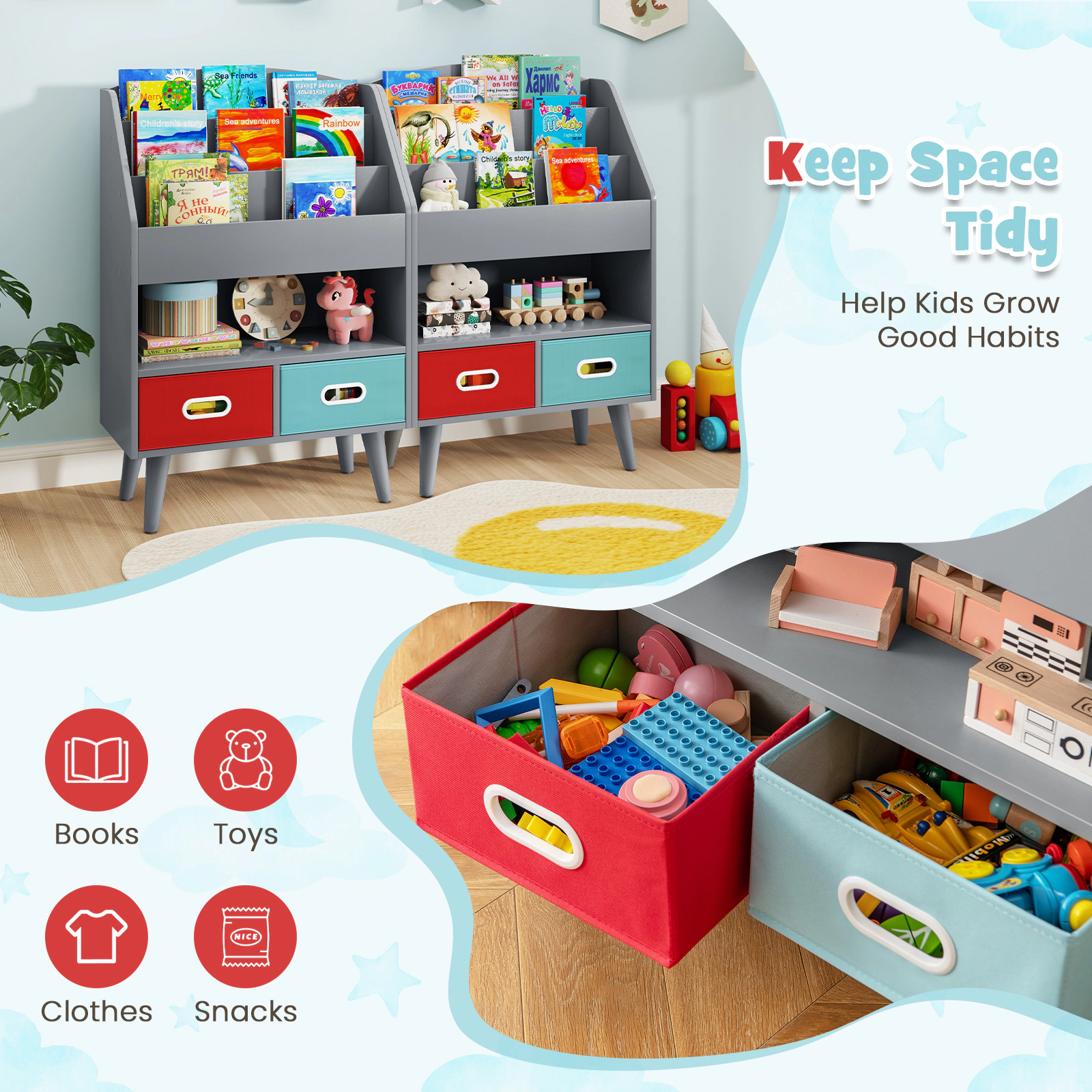 Hivvago Kids Bookshelf with Open Compartment for Toddlers 3+ Years Old