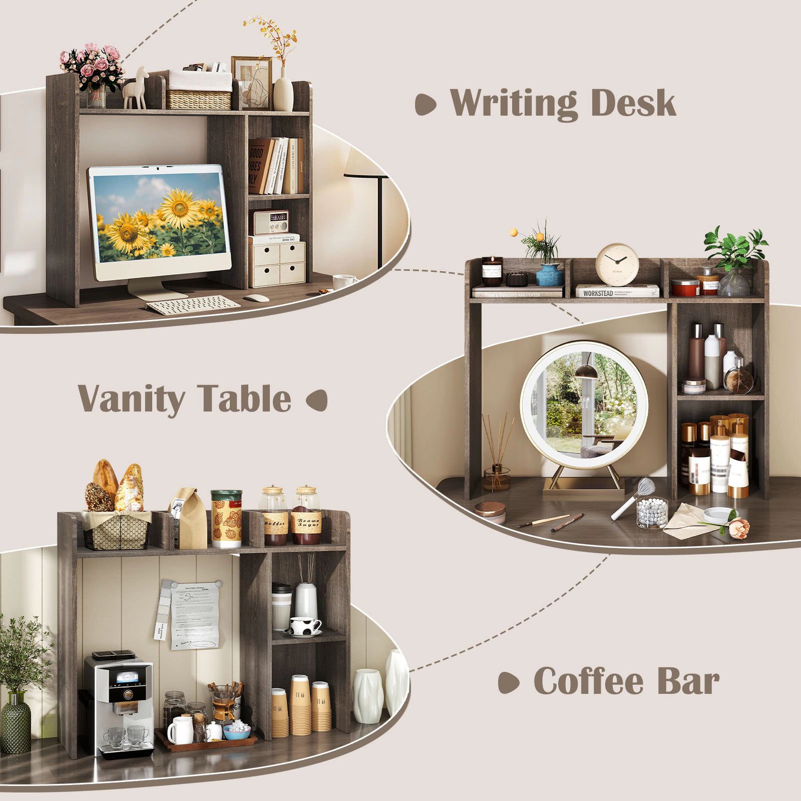 SUGIFT 3-Tier Oak Desktop Bookshelf Multipurpose Desk Shelf with 4 Compartments and Anti-Toppling Anchors