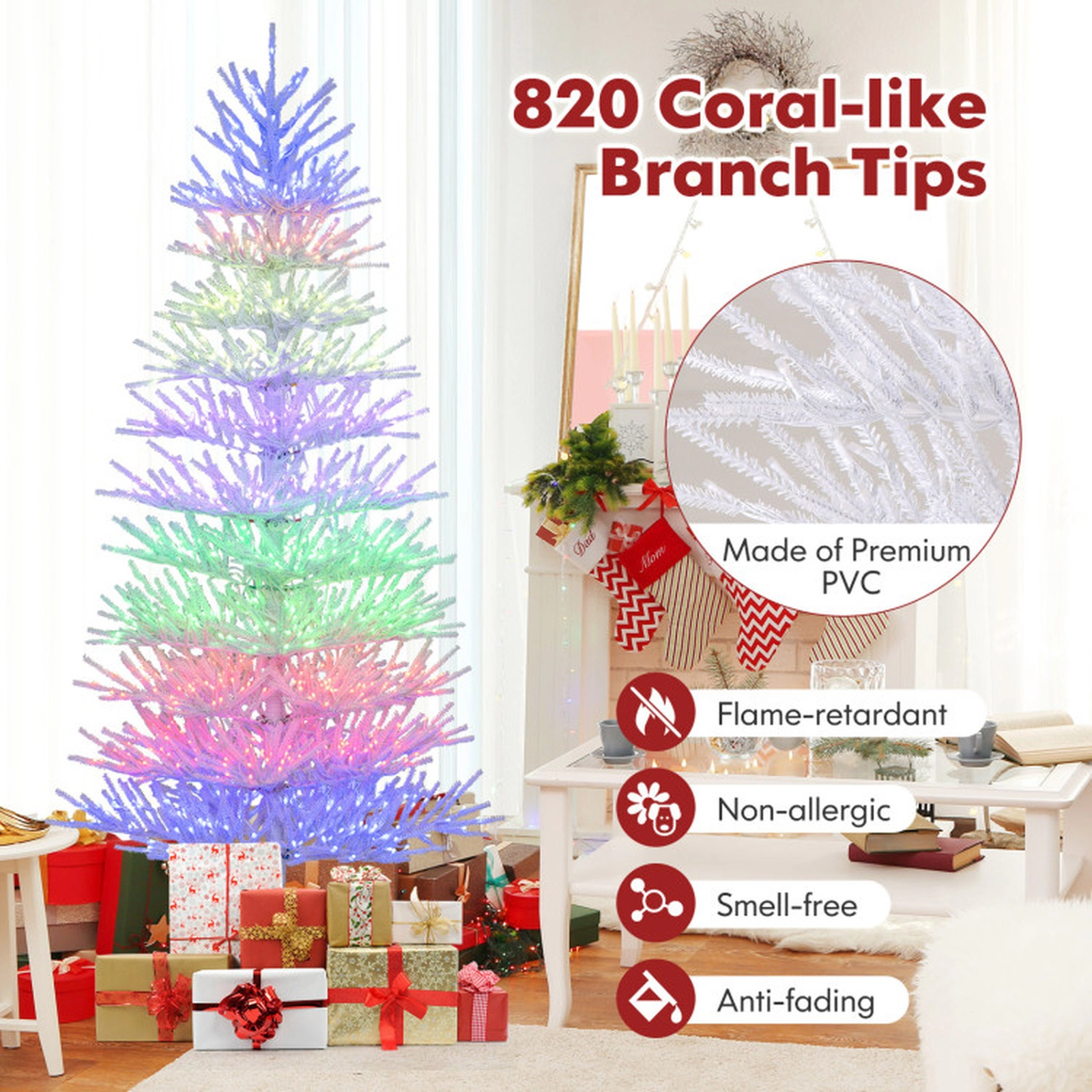 SUGIFT 7-ft White Pre-Lit Artificial Christmas Tree with 923 LED Lights Remote Control and 17 Light Effects