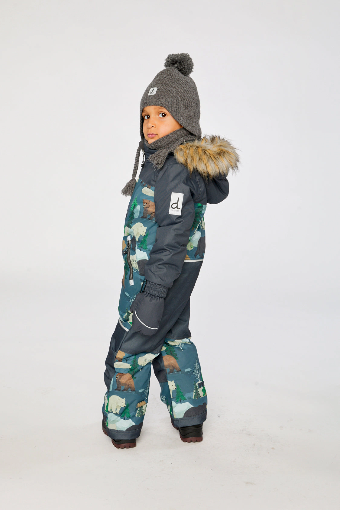 Deux par Boys Bear Print One Piece Discover Snowsuit with Detachable Hood