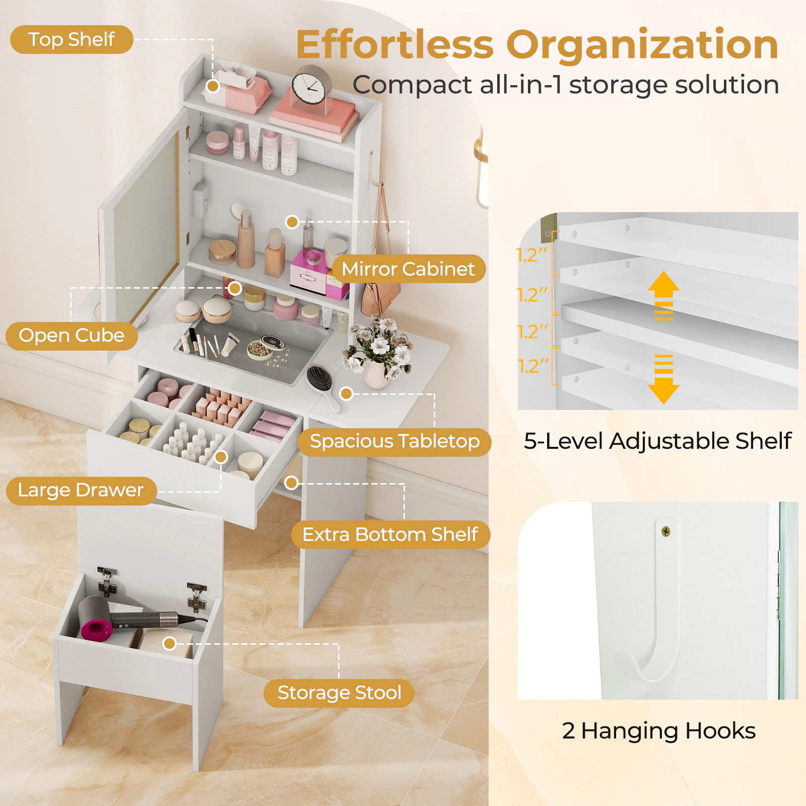 SUGIFT Space-Saving Vanity Desk with Drop-Leaf Top Expanding to 37-in Hidden Mirror Cabinet and Outlets