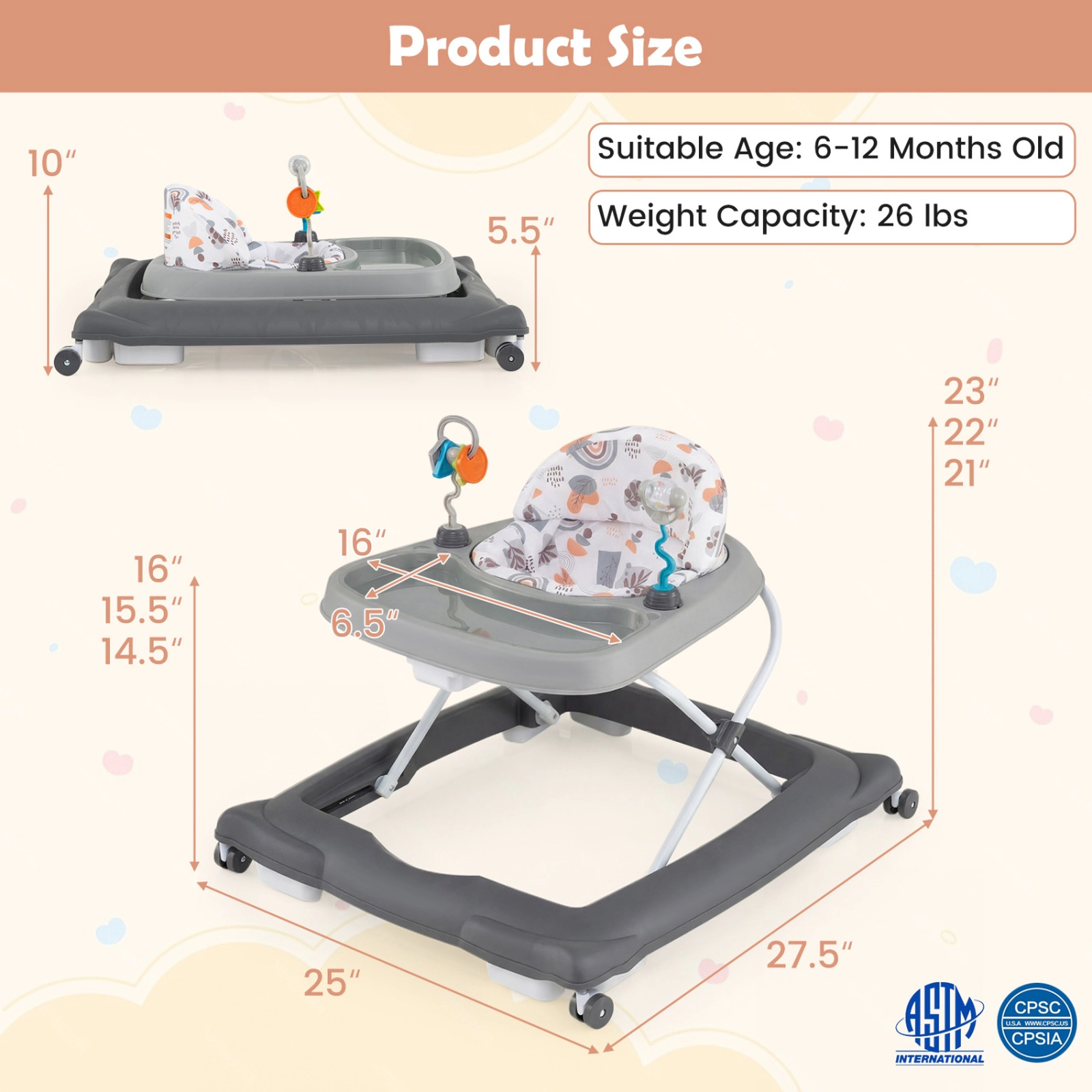 SUGIFT Foldable Baby Walker Gray with Removable Feeding Tray and Shape Sorter Toys