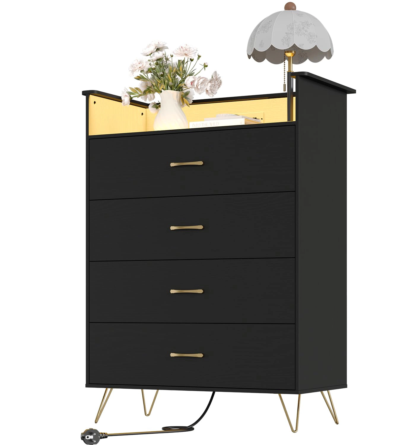 4 Drawer Dresser with Power Outlets & RGB LED Lights, Tall Modern Wood Storage Chest App Control