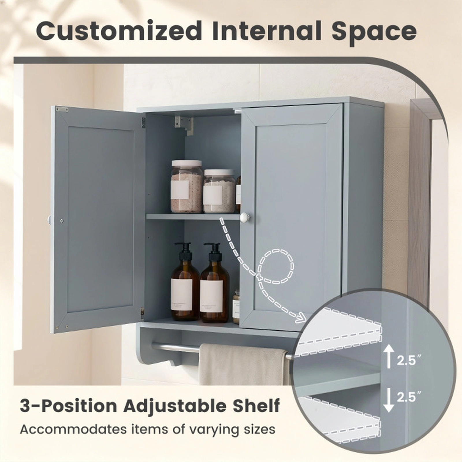 SUGIFT Gray Wall Mounted Bathroom Storage Medicine Cabinet with Towel Bar and 3-Level Adjustable Shelf