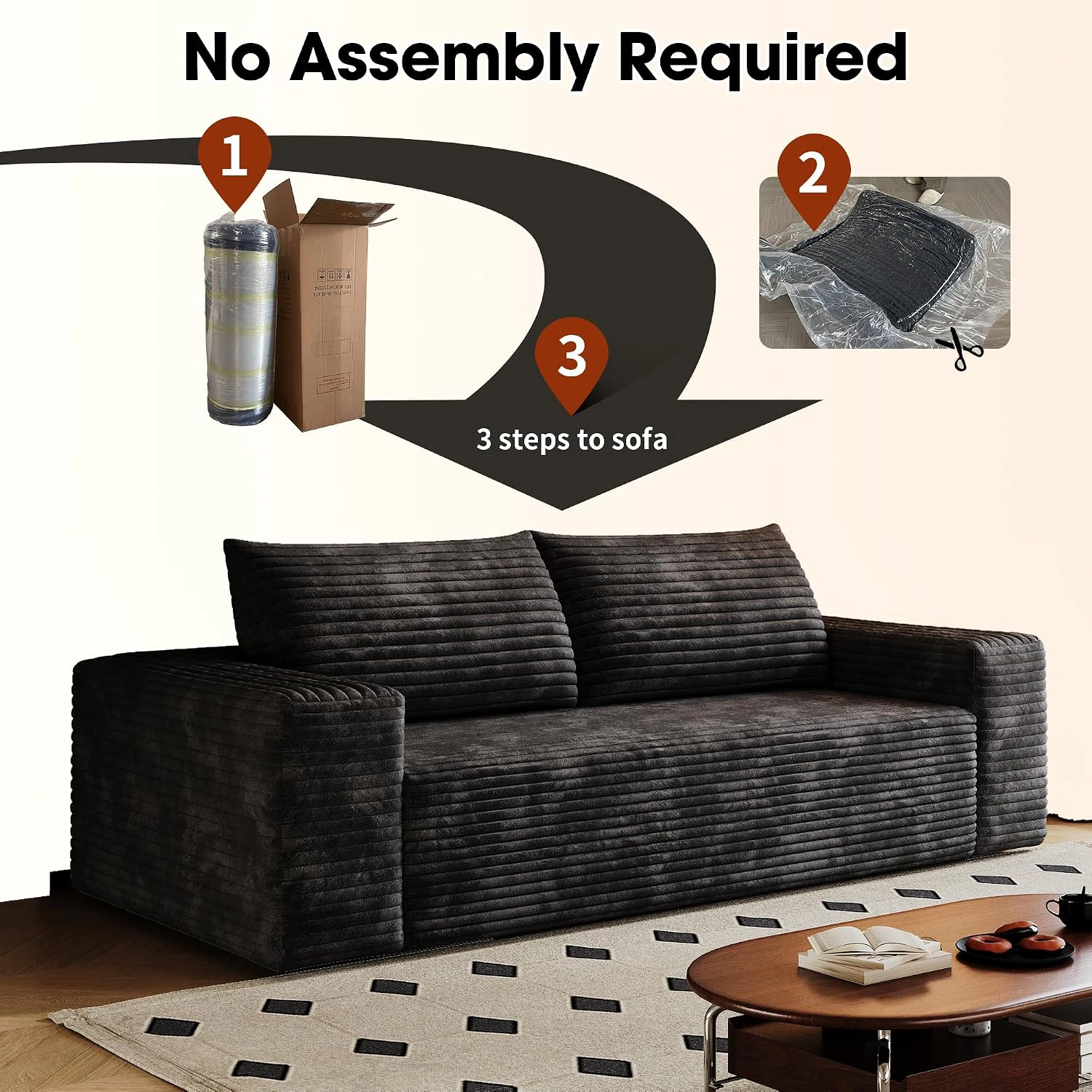 RENDGO 63 inch Black Small Boneless Cloud Loveseat Sofa with Chaise for Living Room No Assembly Required