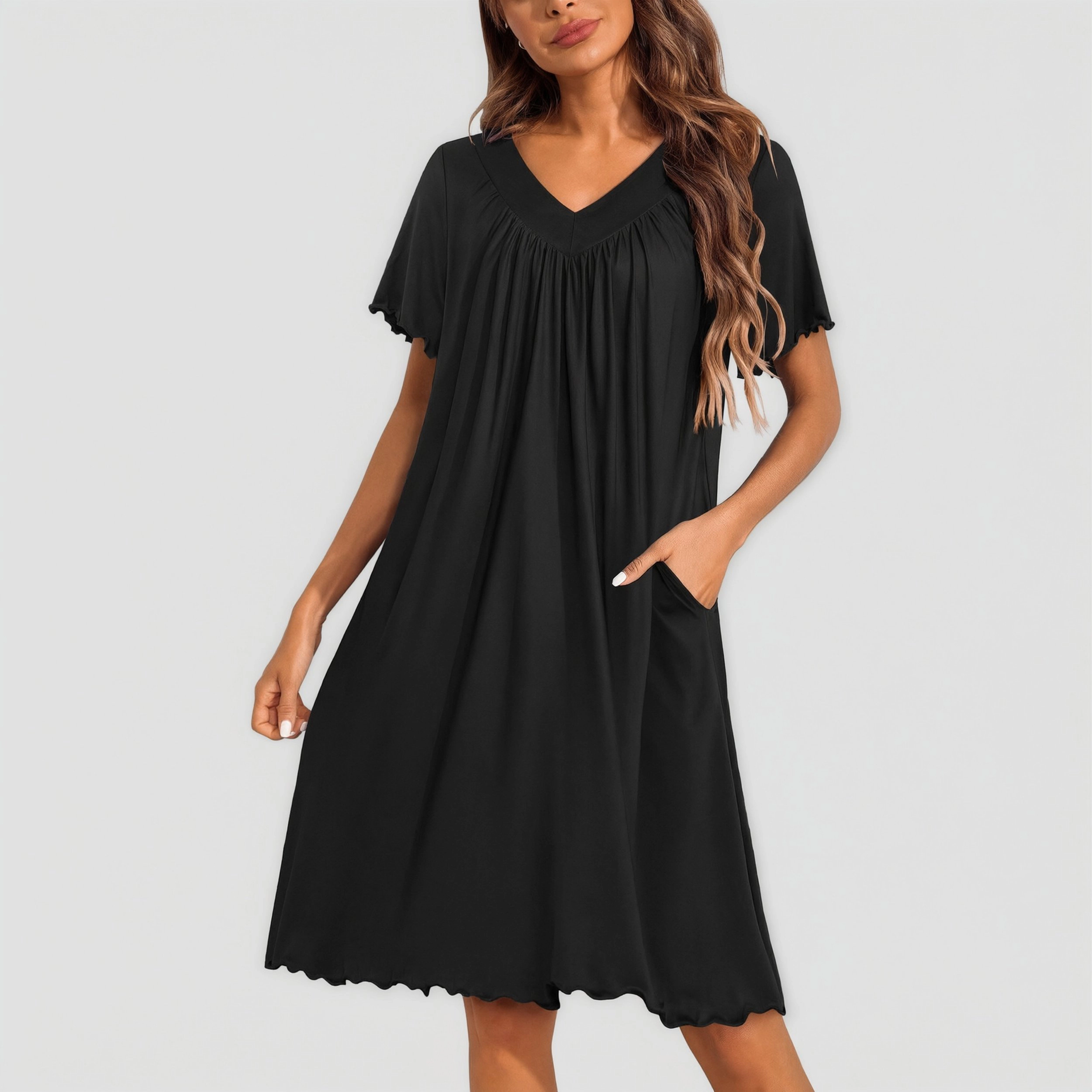 Ekouaer Nightgowns for Women Short Sleeve House Dress with Pockets Pleated Soft Moomoo V Neck