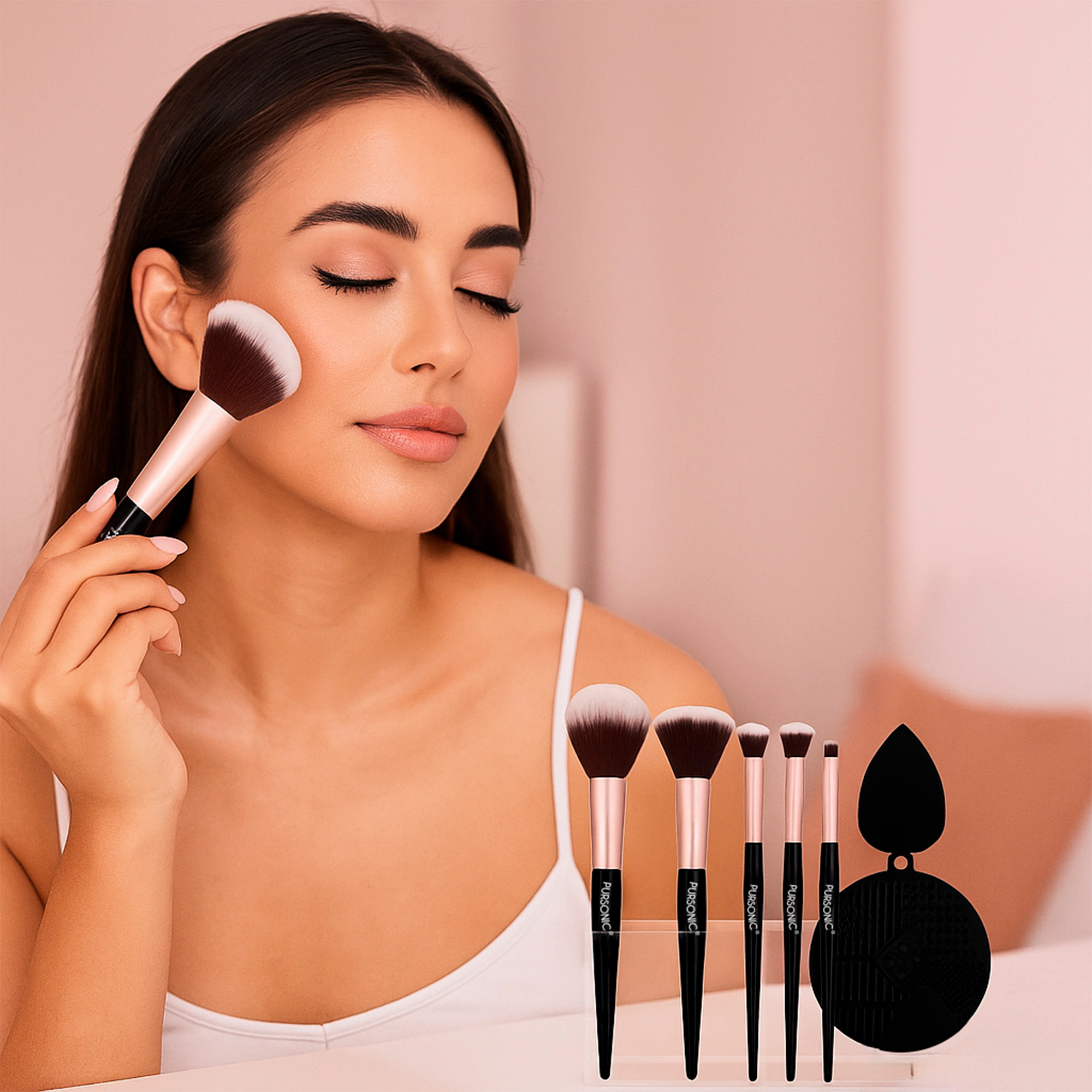 Pursonic Women's Complete Glam Makeup Brush Set: 7-Piece Face & Eye Brushes, Beauty Sponge & Silicone Cleaner