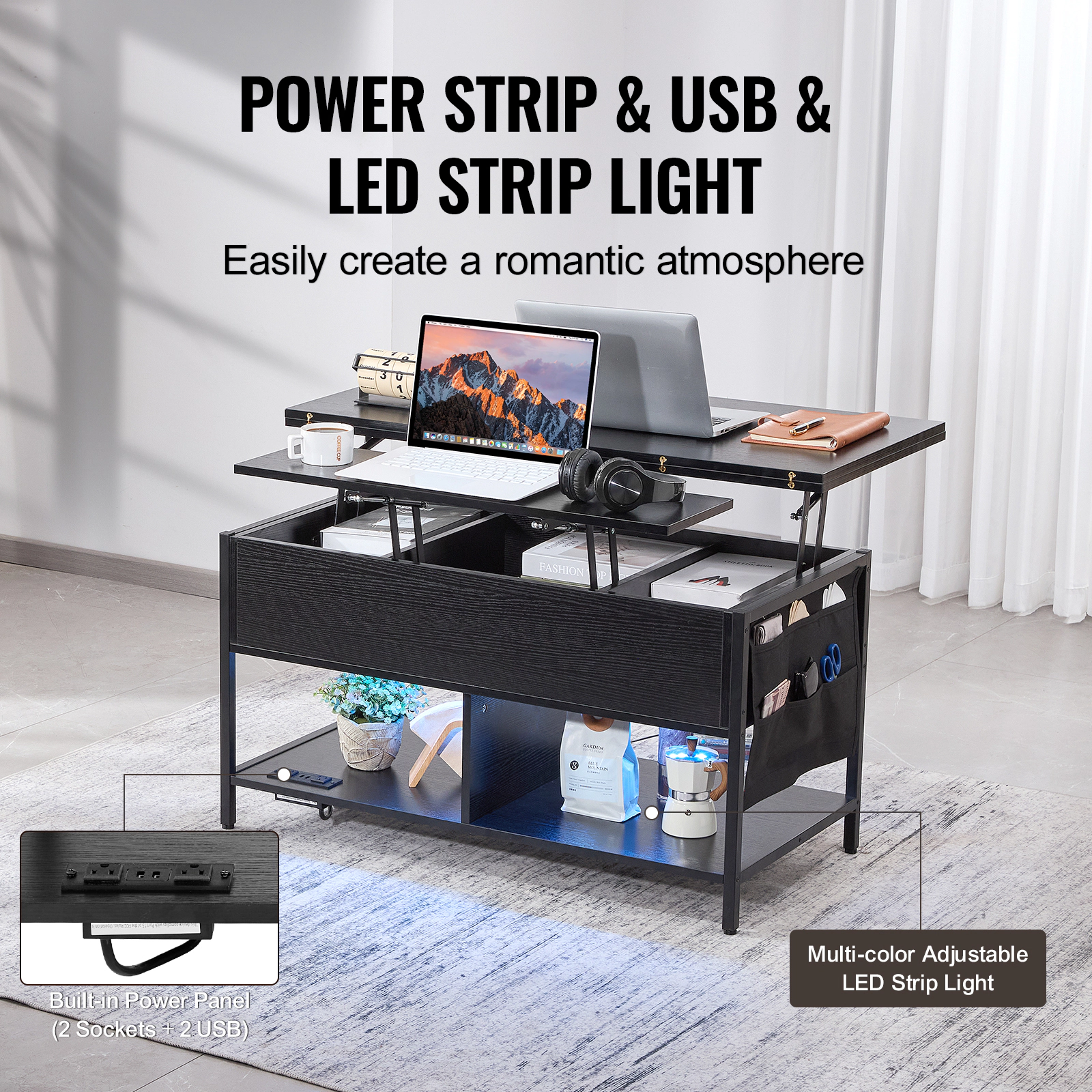 HONGGE Lift Top Coffee Table 39.4 in Rectangle Coffee Table with Extra Storage Pockets Flipable Coffee Table with Power