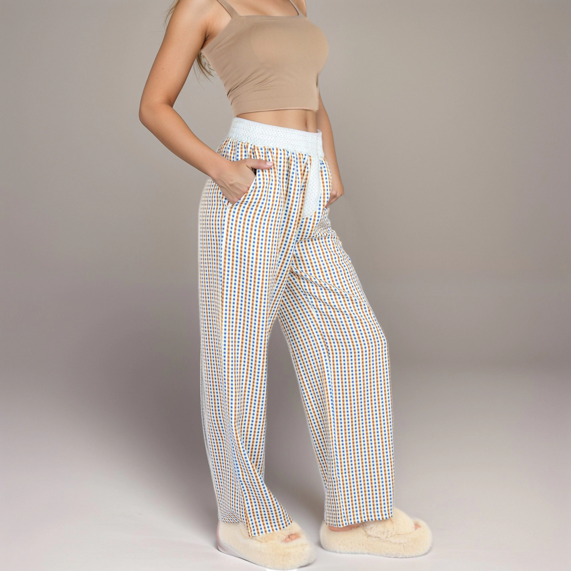 Anna-Kaci Women's Red Vertical Stripe Wide Leg Pants with Smocked Waistband Contrast Plaid Detail and Full-Length Fit