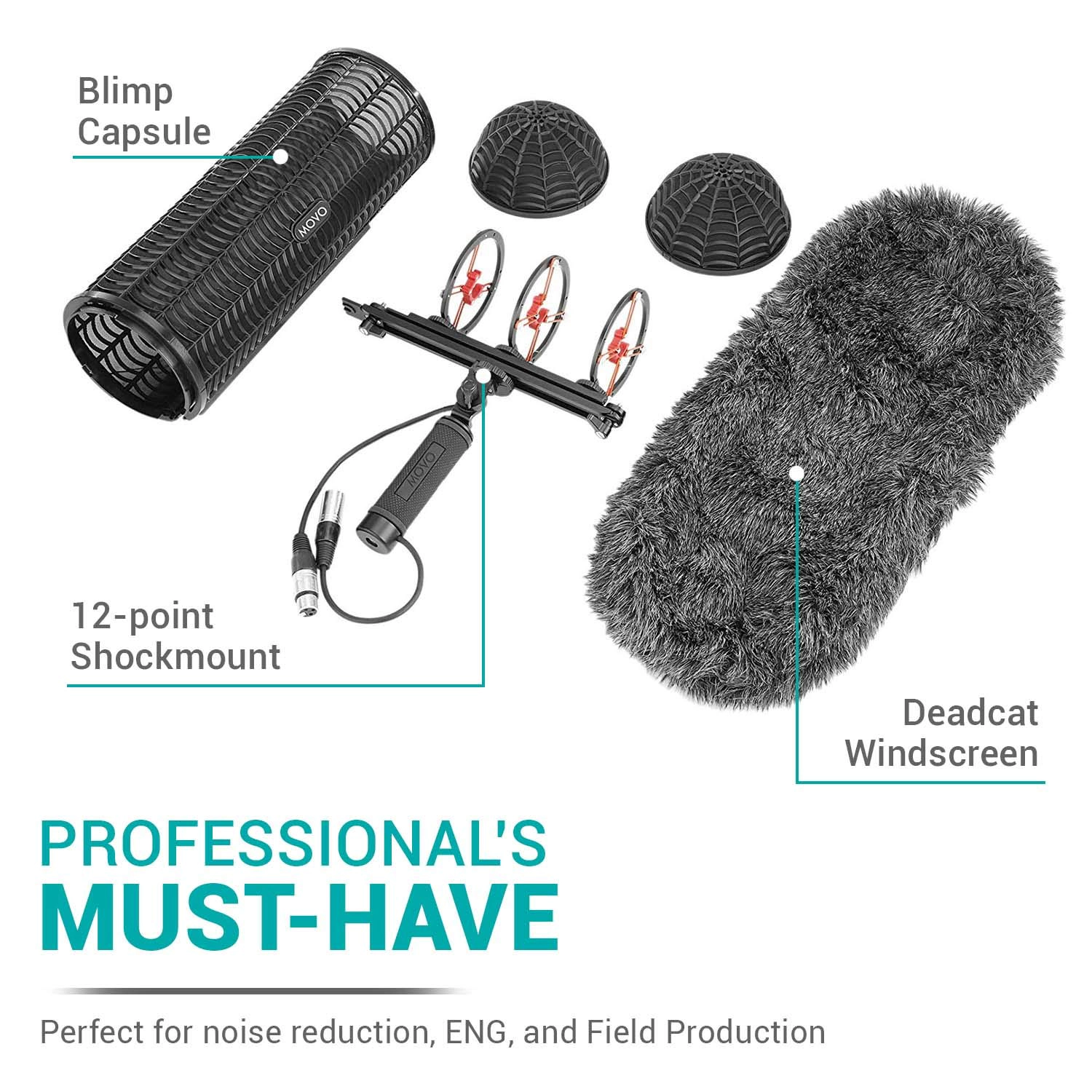 Movo BWS1000 Blimp Wind and Vibration Protection System for Shotgun Microphones - Features 12-point Internal