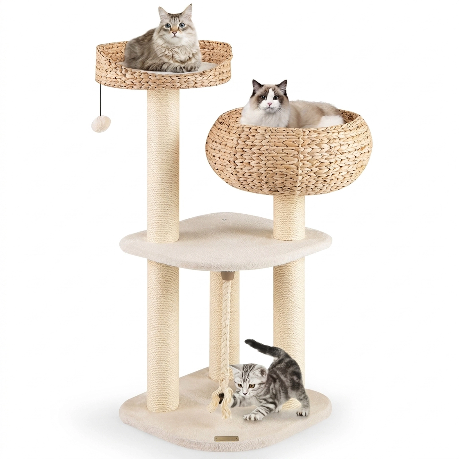 SUGIFT 41-in Rattan Cat Tree Napping Perch 22-lb Capacity Frame with 2 High Rise Basket Beds & Scratching Posts White