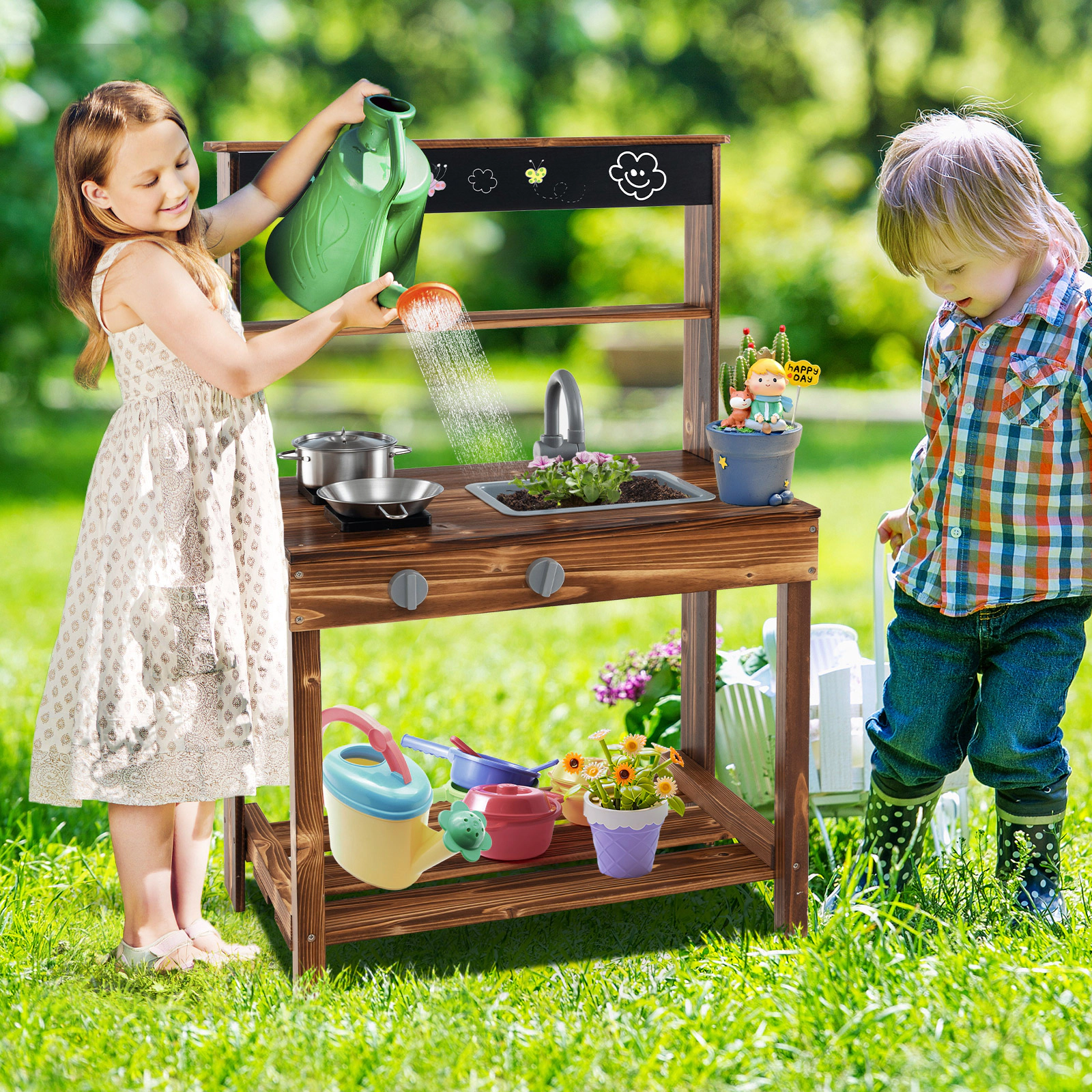 LJG Outdoor Mud Kitchen for Kids with Rotatable Faucet and Removable Sink