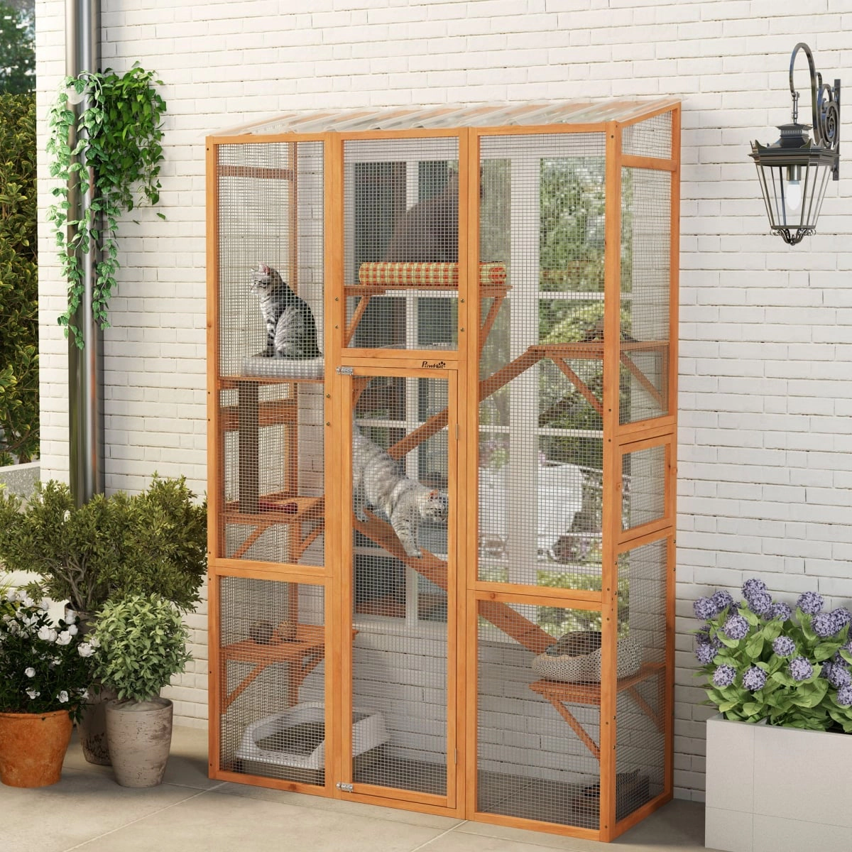 212 Main PawHut Outdoor Catio Cat Enclosure with 6 Platforms, Scratching Post & 2 Ramps, Orange