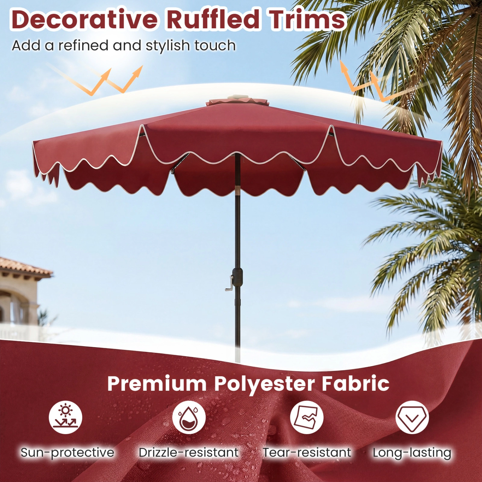 SUGIFT 10-Foot Wine Market Patio Umbrella with 112 Solar LED Lights, Crank Lift and Push-Button Tilt