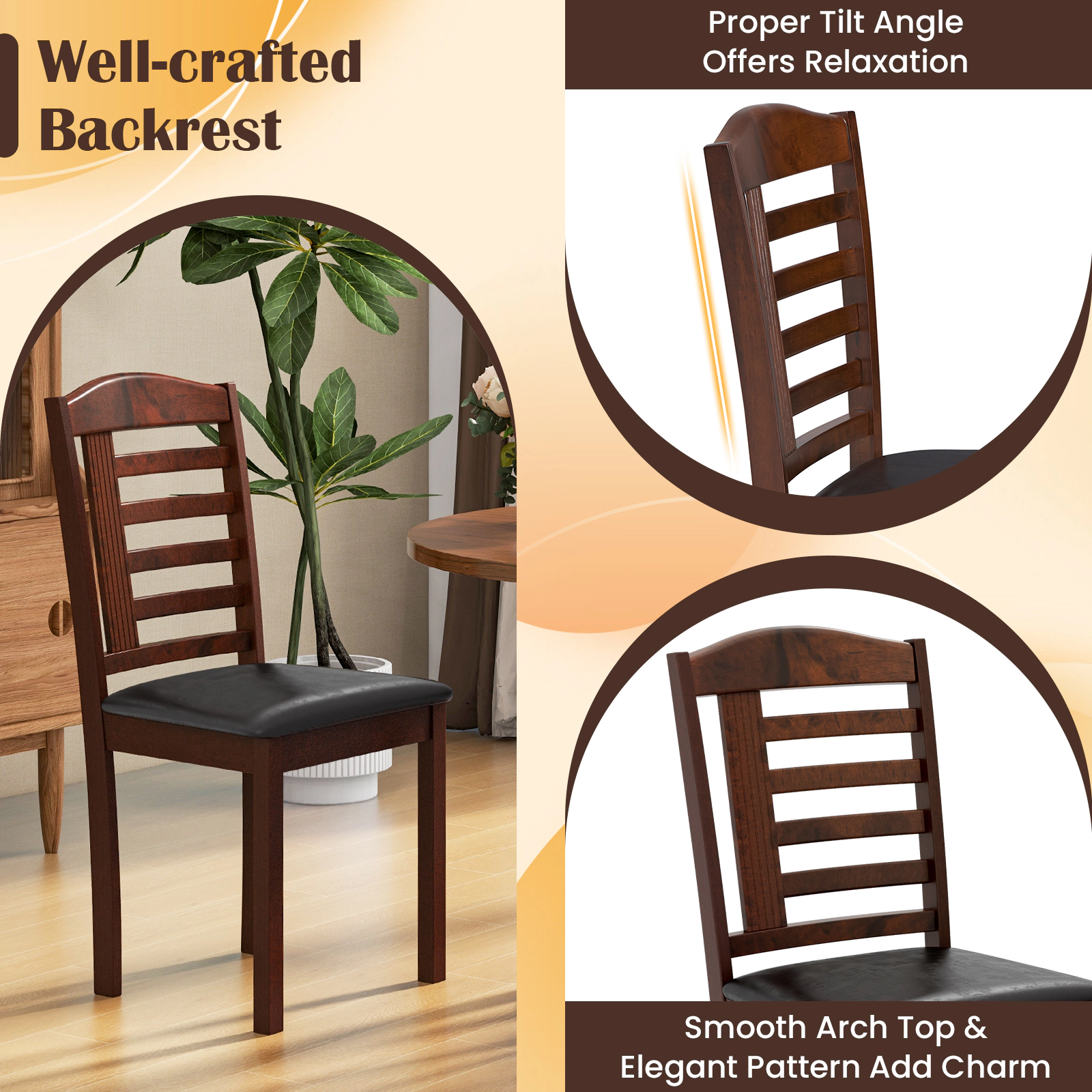 SUGIFT Set of 2 Beige Faux Leather Wood Dining Chairs, Arch Top, Tilted Back