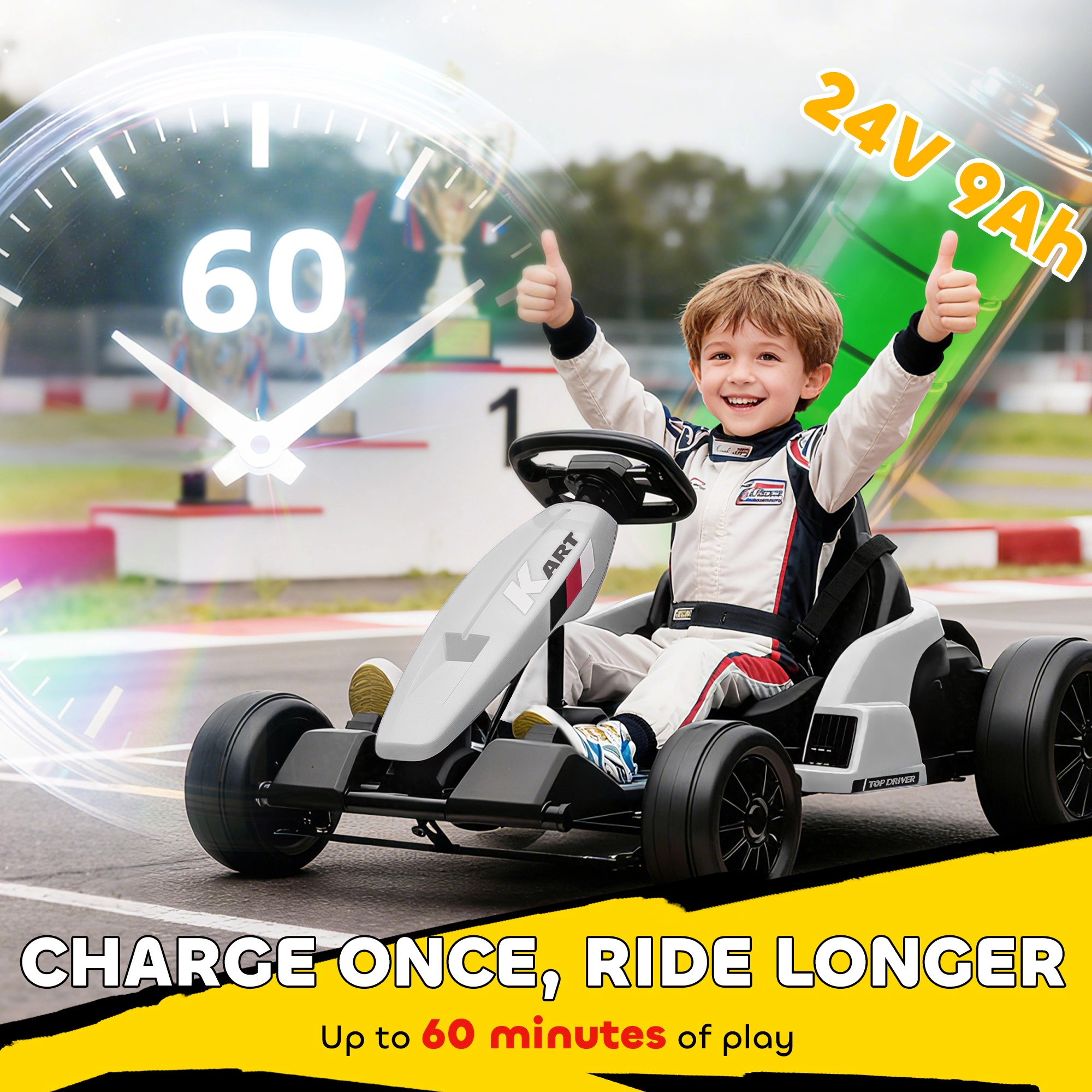 HONGGE Qaba 24V Electric Go Kart with Dual 150W Motors, Adjustable Seat & 11.2MPH High Speed, Slow Start