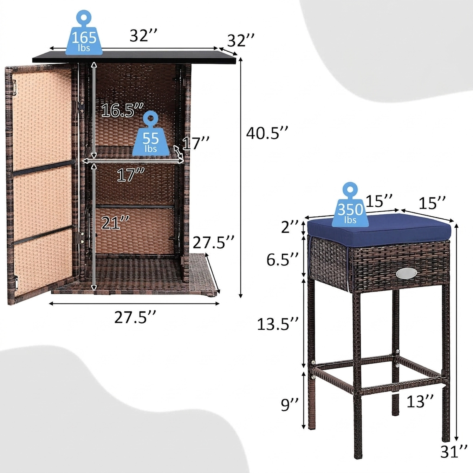 SUGIFT Hidden Storage Shelf and 4 Cushioned Stools 5-Piece Patio Rattan Bar Set