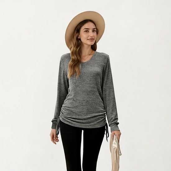 Anna-Kaci Women's V-Neck Side Drawstring Ruched Hem Long Sleeve Knit Top