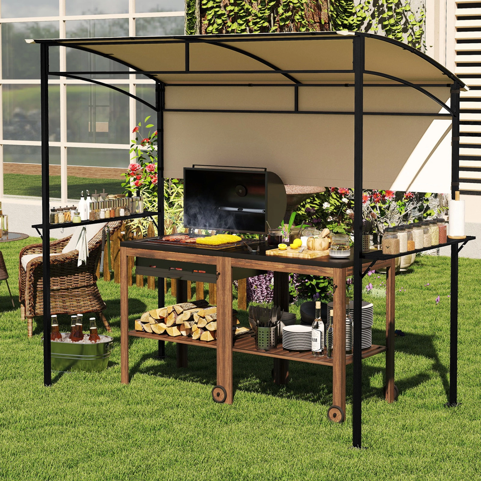 SUGIFT 7.8-ft x 4.4-ft Beige BBQ Grill Gazebo Canopy with 2 Metal Shelves 5 Hooks and 4 Bottle Openers