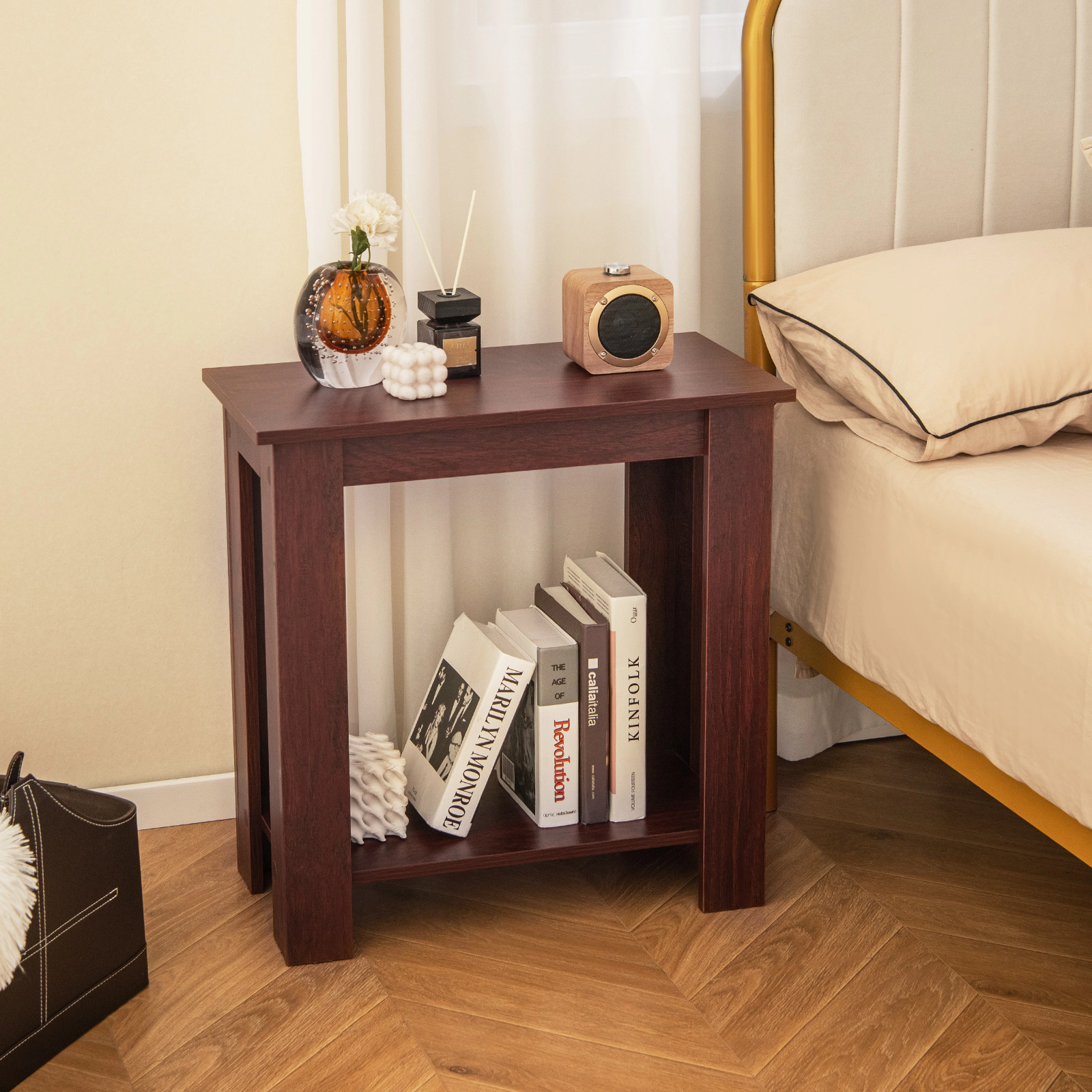 SUGIFT 2-Tier Modern Compact End Table with Storage Shelf 110-lb Tabletop 44-lb Shelf Capacity Brown