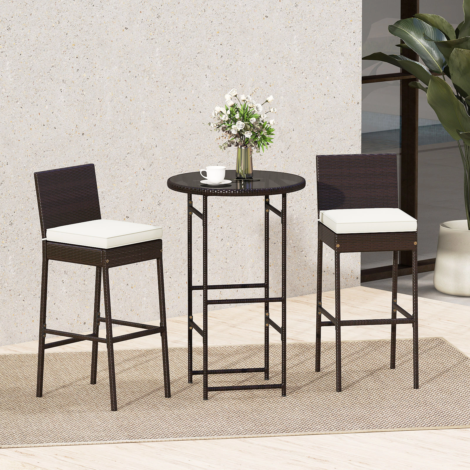 LJG 3 Piece Outdoor Bar Set Patio Heavy-Duty Metal Barstool and Table Set