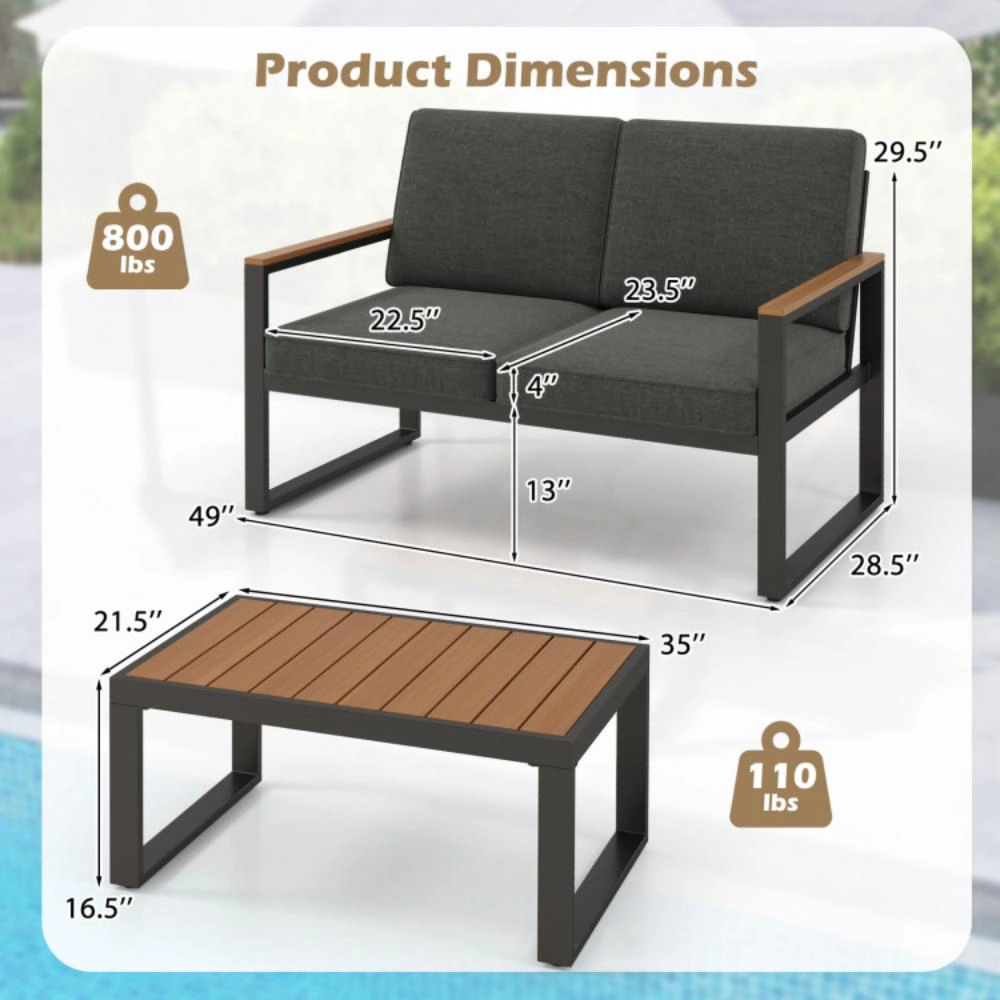 Hivvago 2 Piece Patio Aluminum Furniture Set With Wood-Plastic Armrests And Tabletop-Gray