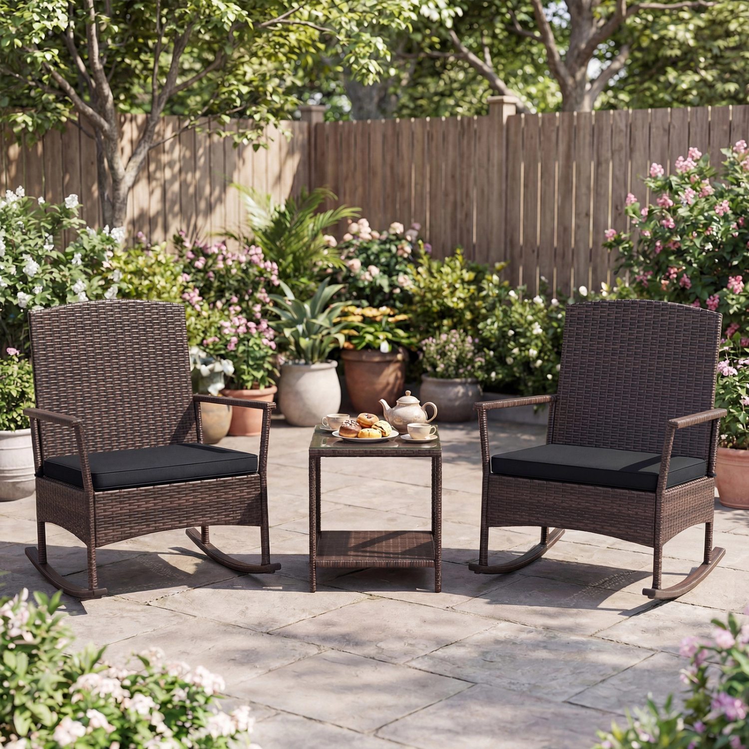 LJG 3 Piece Patio Rocking Set Wicker Chairs with 2-Tier Coffee Table