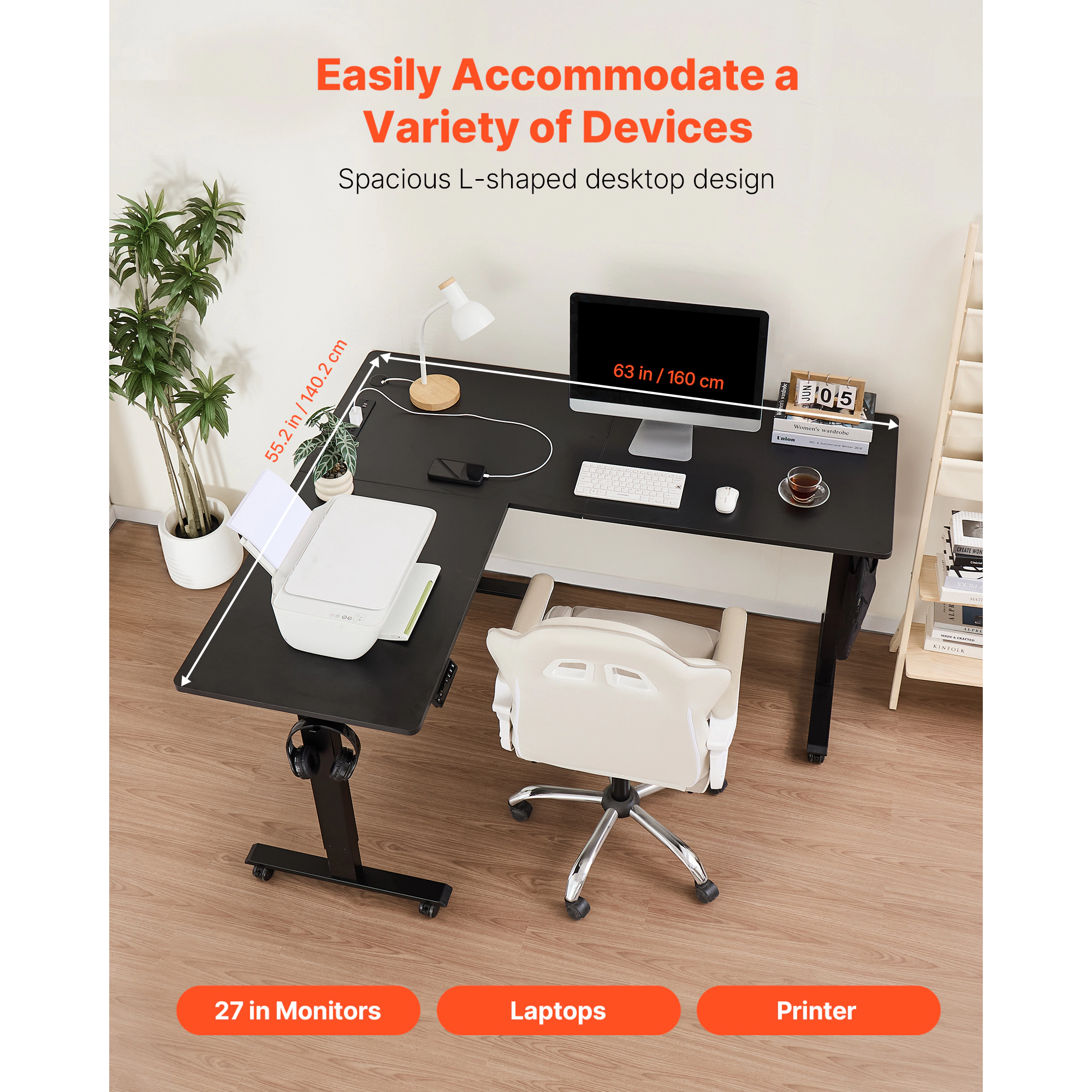 HONGGE L Shaped Desk, Electric Adjustable Height Corner Gaming Desk with Dual Hooks