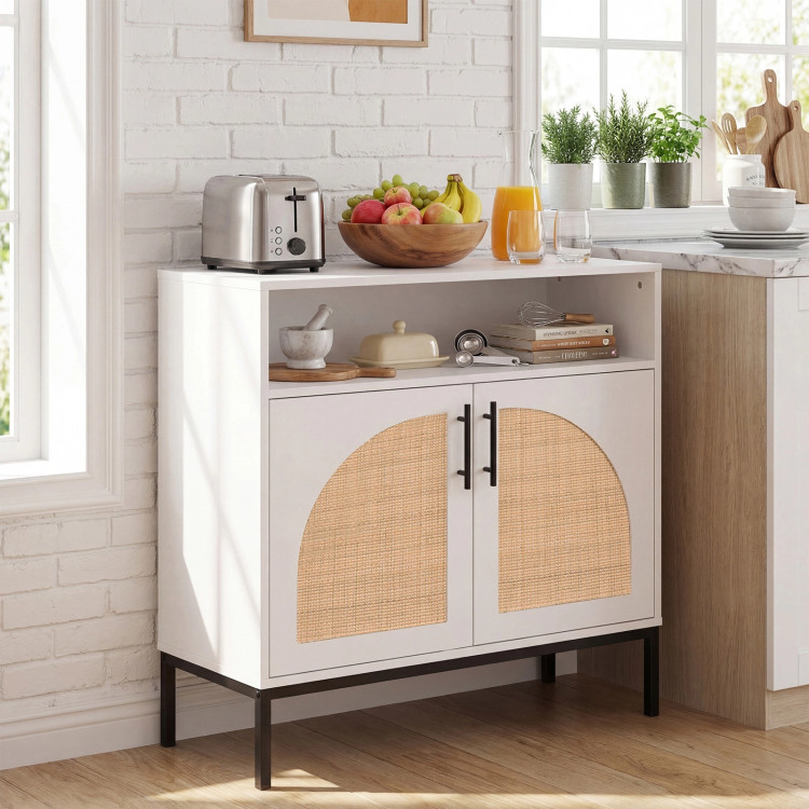 SUGIFT 2 Rattan Arch Doors Adjustable Shelf Buffet Sideboard 32-in x 15-in x 32.5-in 145-lb Capacity White