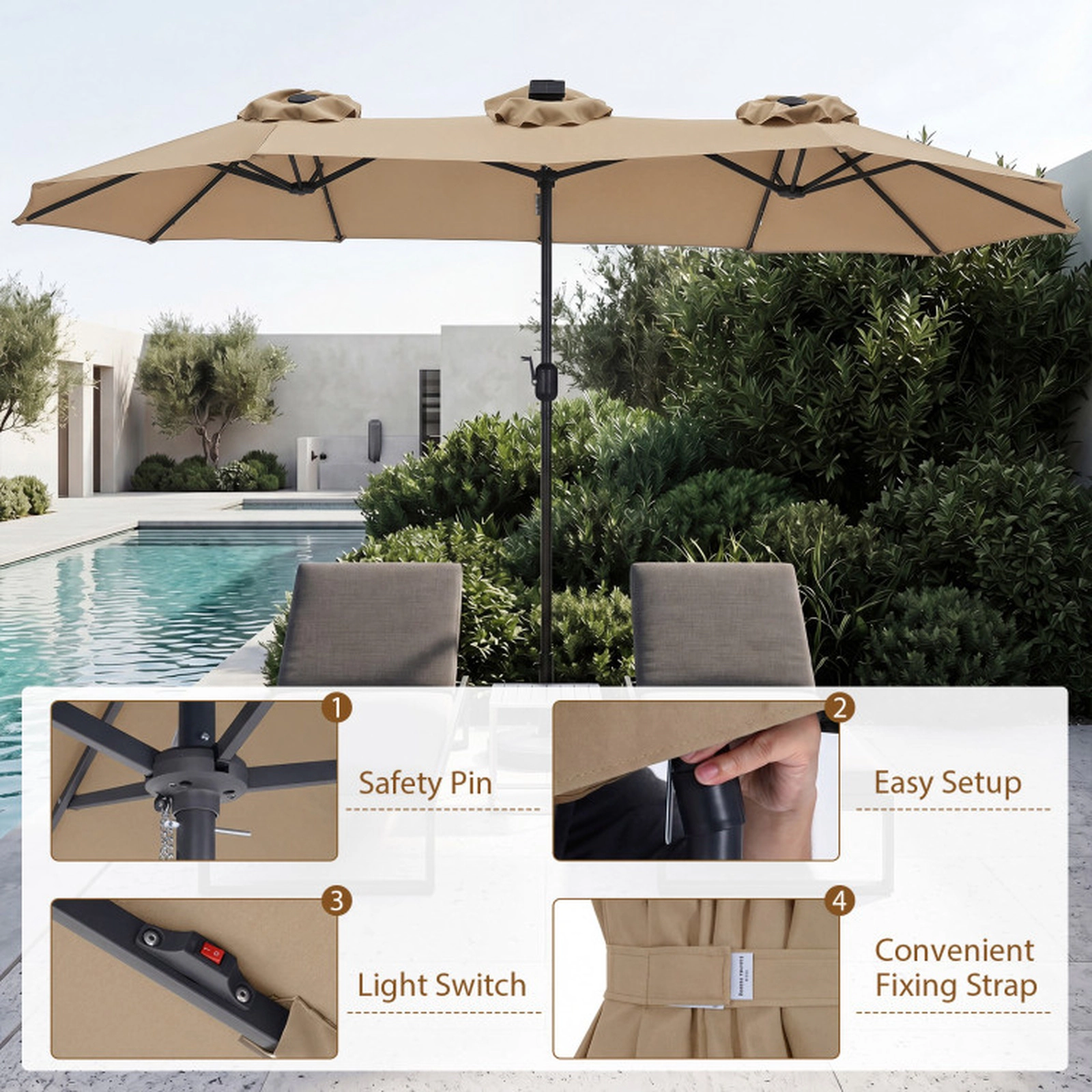 SUGIFT Solar-Powered LED Double-Sided Patio Market Umbrella 13-ft Canopy with 12 Metal Ribs and Crank Handle Tan