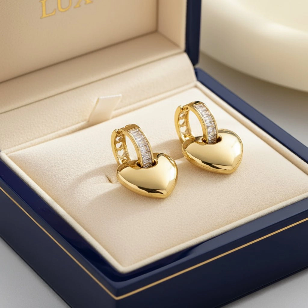 DressAtR Women's Heart Zircon Gold Tone Drop Earrings
