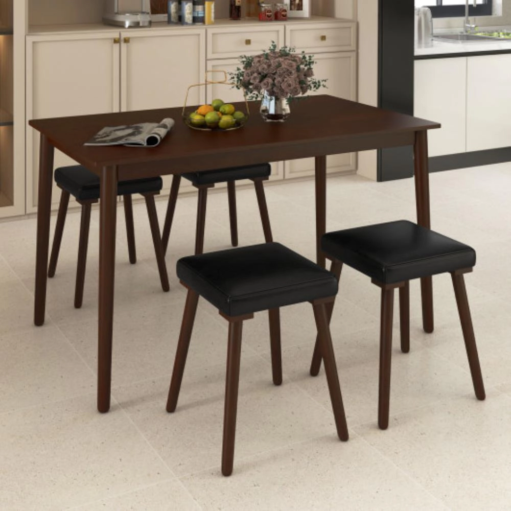 Hivvago 5 Piece Dining Table Set For 4 With 4 Upholstered Stools And Rubber Wood Legs-Brown