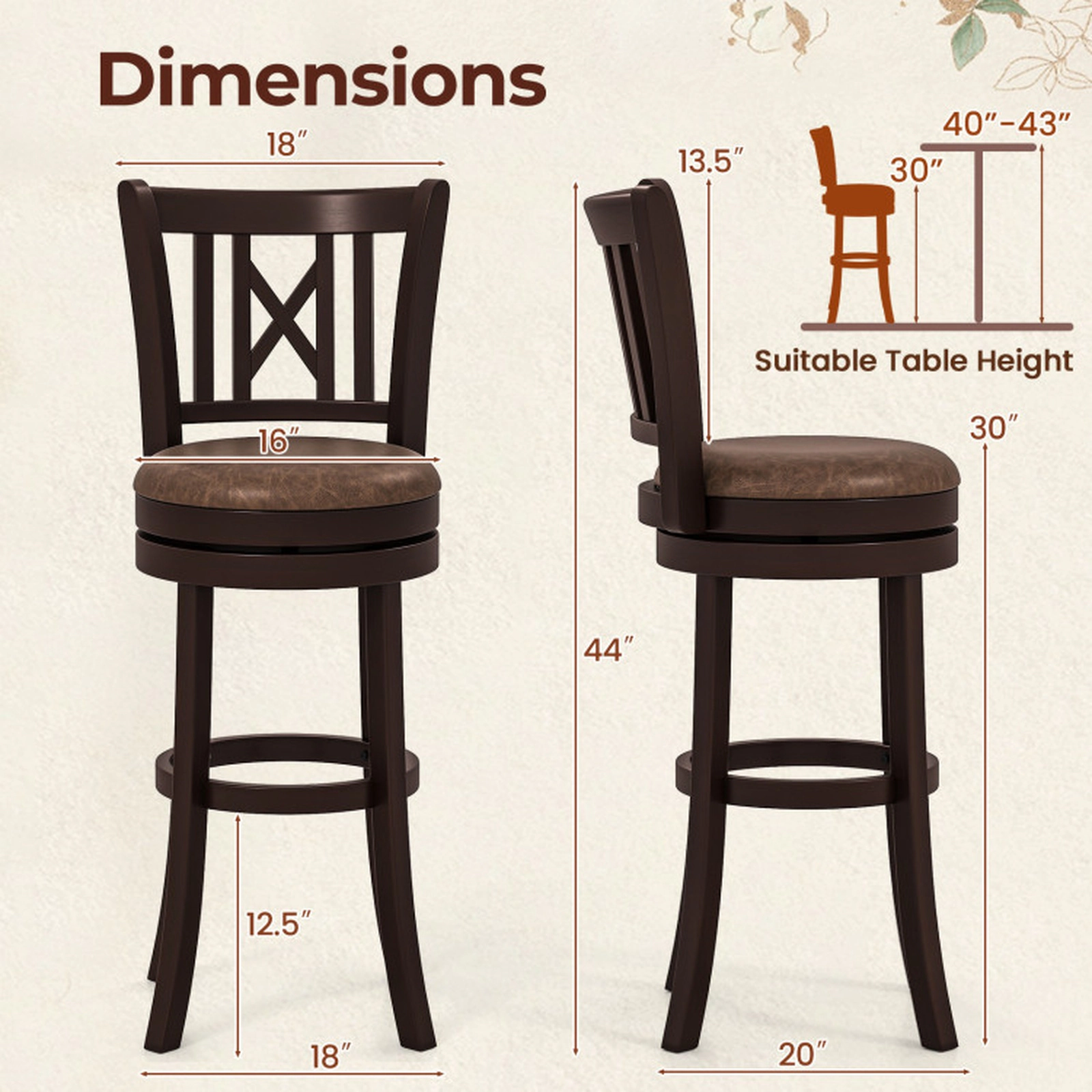 SUGIFT Set of 2 Swivel Bar Stools with Footrest and Hollowed Backrest 275-lb Capacity 30-in Seat Height Coffee & Brown