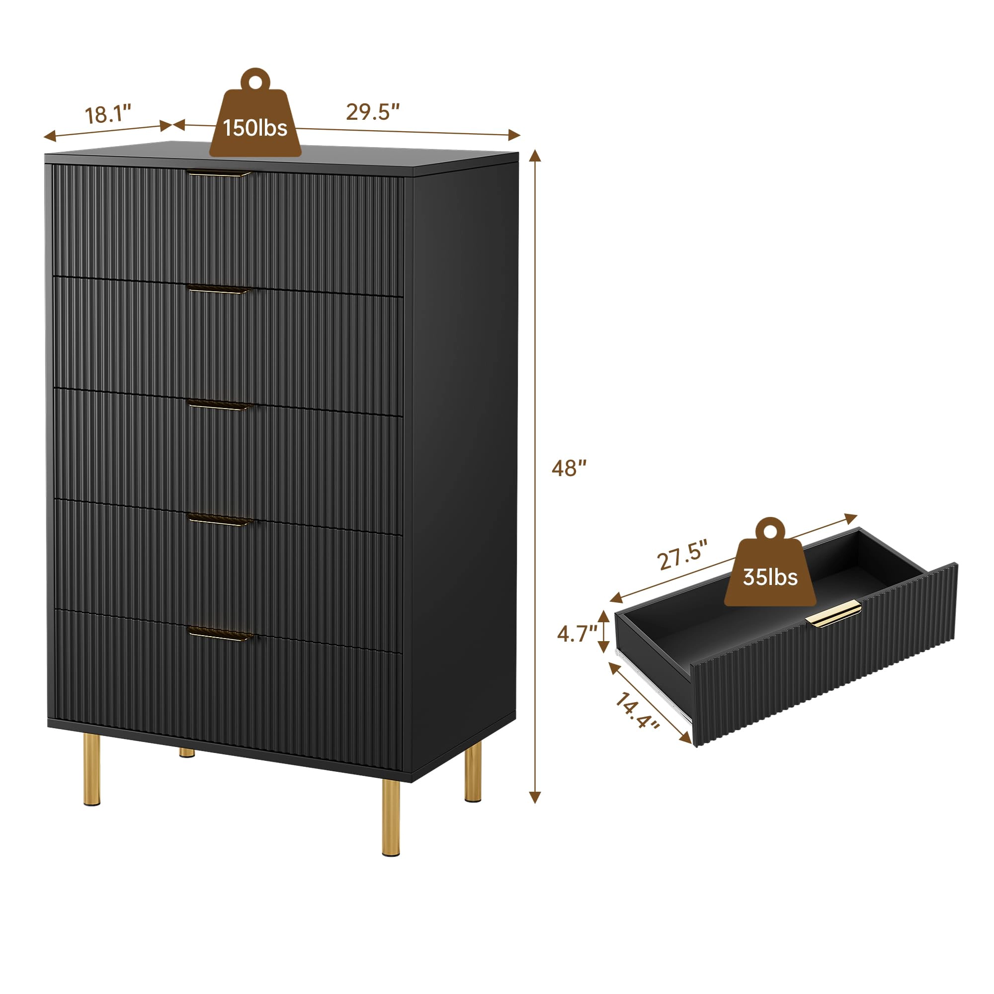 BebreezChic 5-Drawer Dresser for Bedroom with Gold Handles, Modern Wooden Chest of Drawers