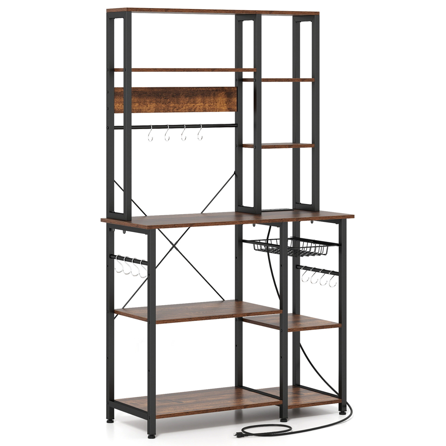 SUGIFT 6-Tier Wooden Bakers Rack Microwave Stand with Power Outlet USB Ports and 12 Hanging Hooks