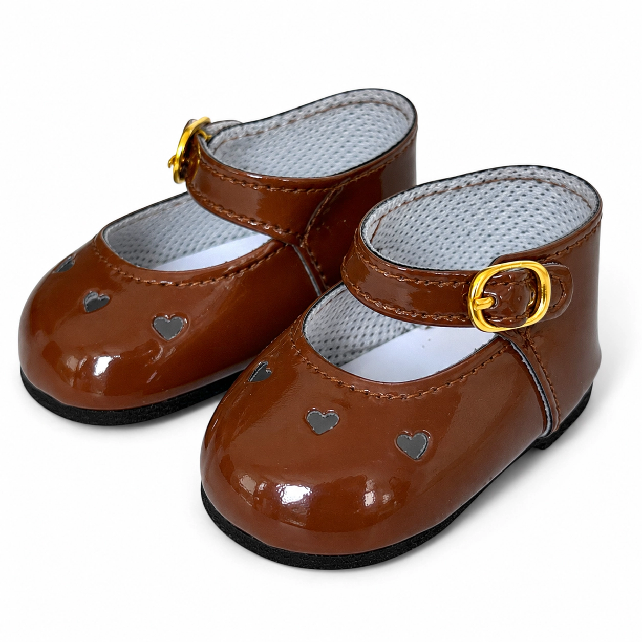 MBD® 18 Inch Girl Doll Shoes Brown Heart Mary Janes with Gold Buckle