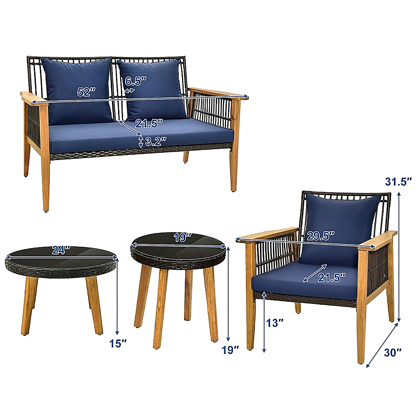 SUGIFT 5-Piece Navy Outdoor Patio Conversation Set with Loveseat, Chairs and Glass Tables